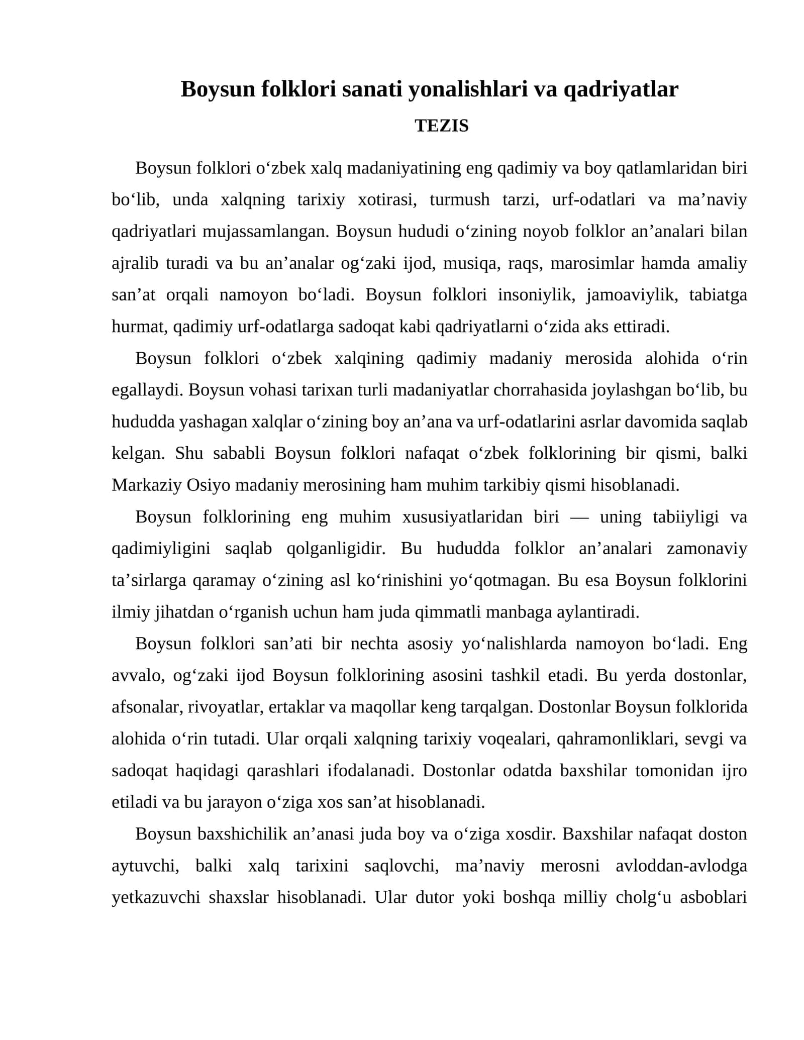 Boysun folklori sanati yonalishlari va qadriyatlar