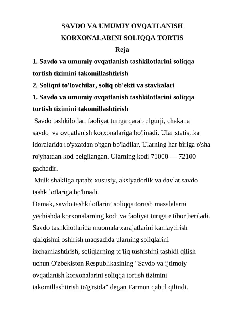 Savdo va umumiy ovqatlanish tashkilotlarini soliqqa tortish tizimi
