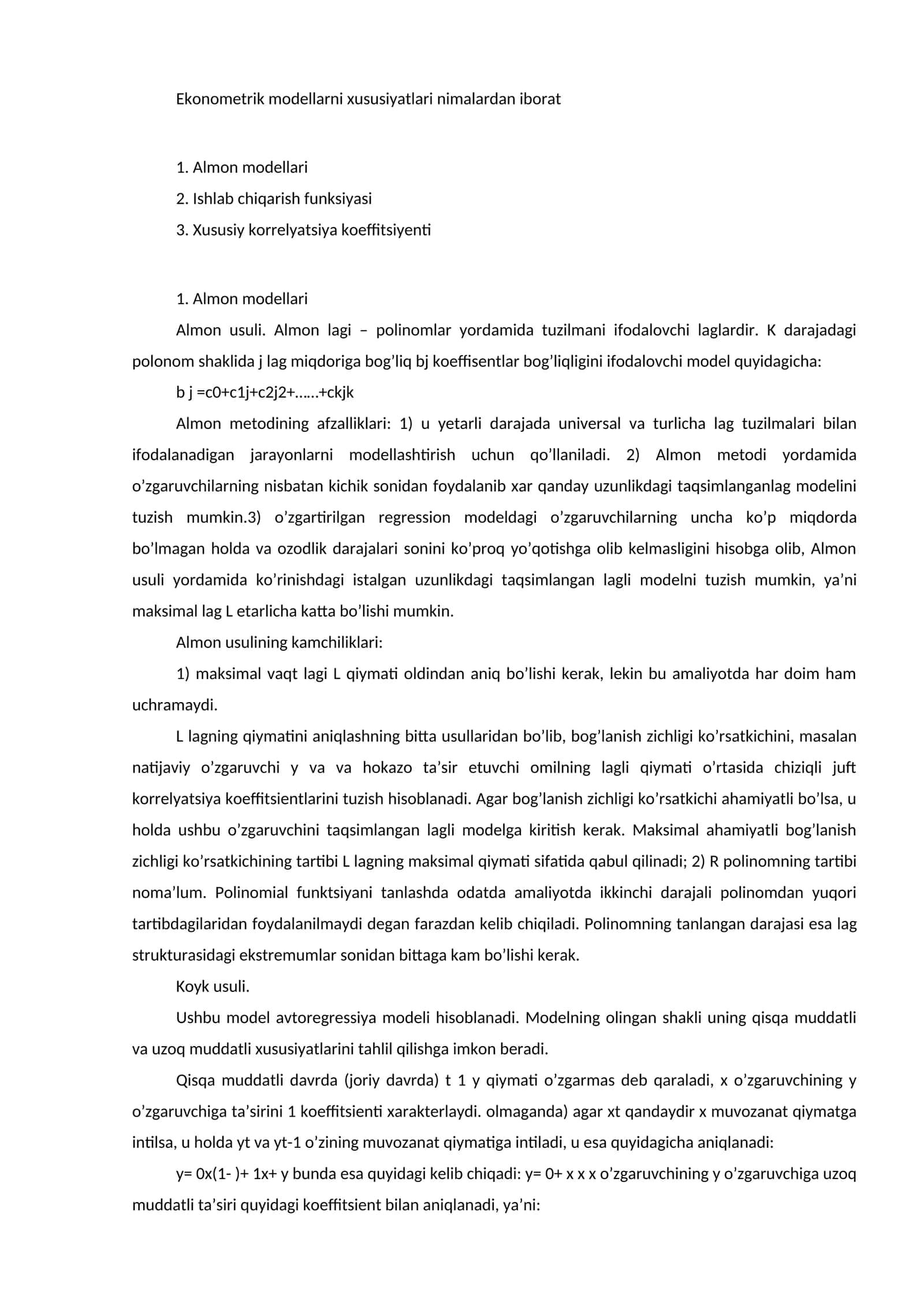 Ekonometrik modellarni xususiyatlari