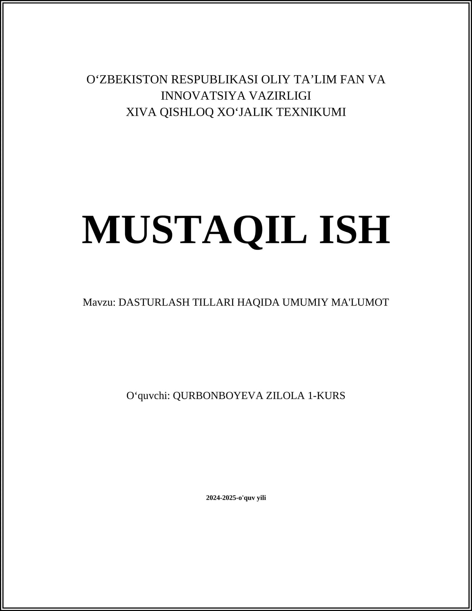 DASTURLASH TILLARI HAQIDA UMUMIY MA'LUMOT