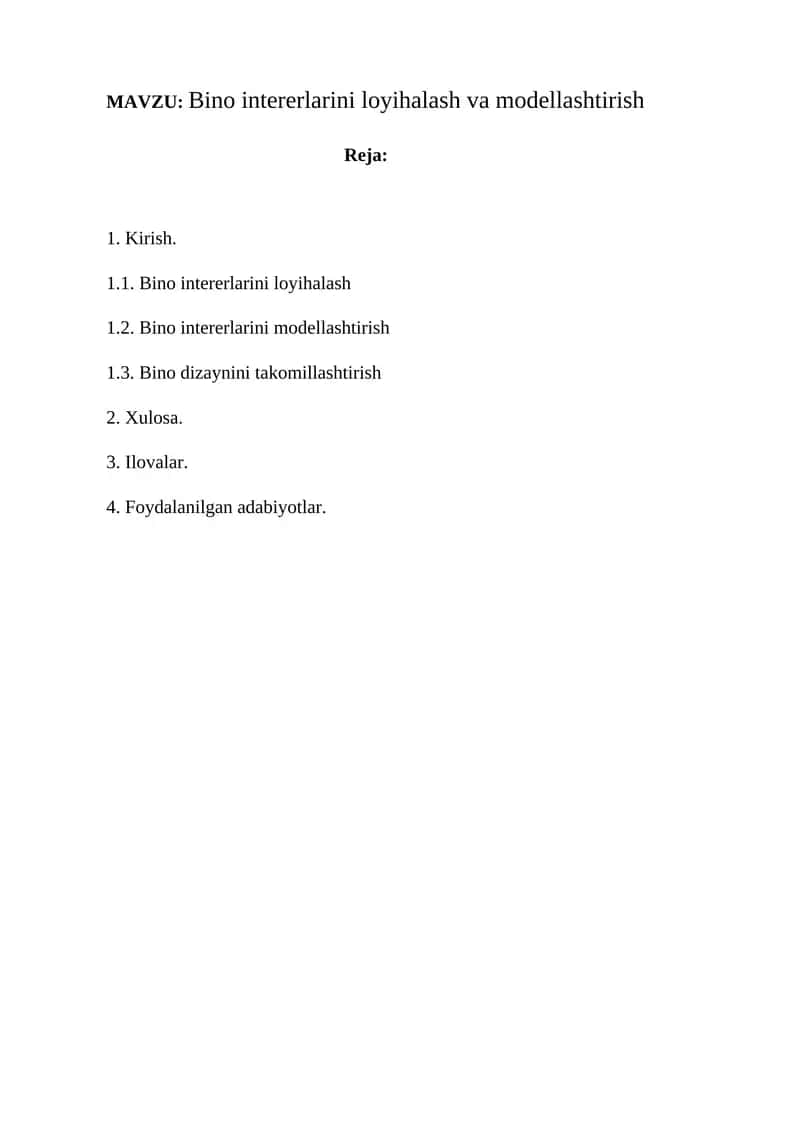 Bino intererlarini loyihalash va modellashtirish