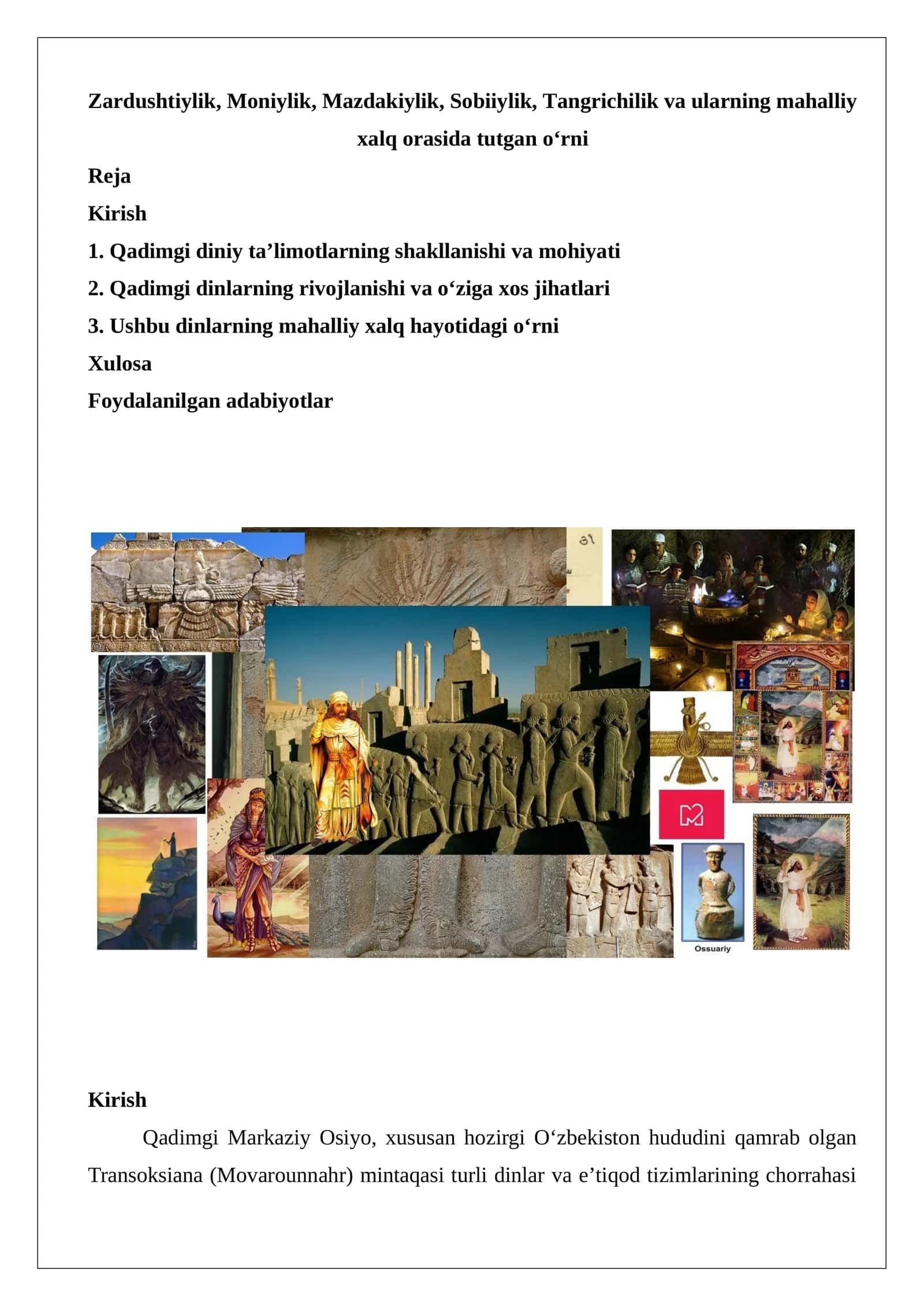 Zardushtiylik, Moniylik, Mazdakiylik, Sobiiylik, Tangrichilik va ularning mahalliy xalq orasida tutgan o‘rni
