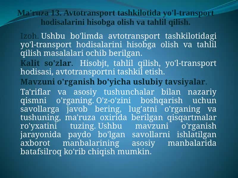 Yo'l-transport hodisalarini hisobga olish va tahlil qilish