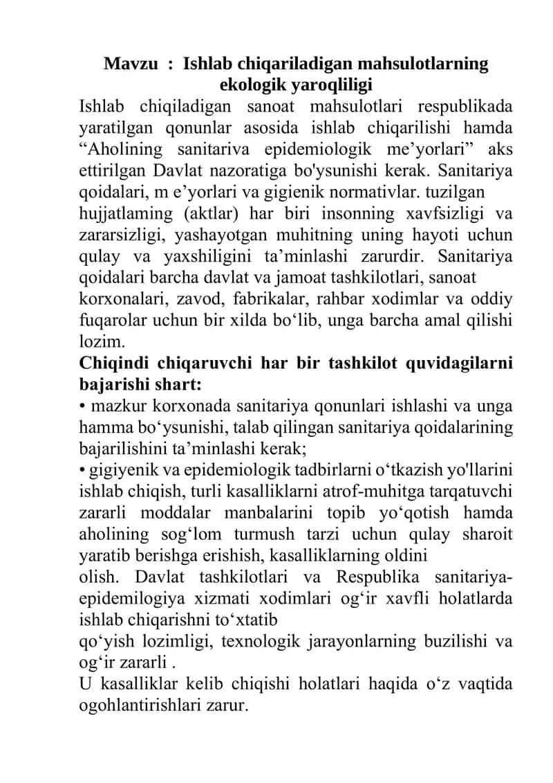 Ishlab chiqariladigan mahsulotlarning ekologik yaroqliligi