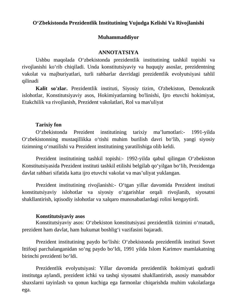 Oʻzbekistonda Prezidentlik Institutining Vujudga Kelishi Va Rivojlanishi