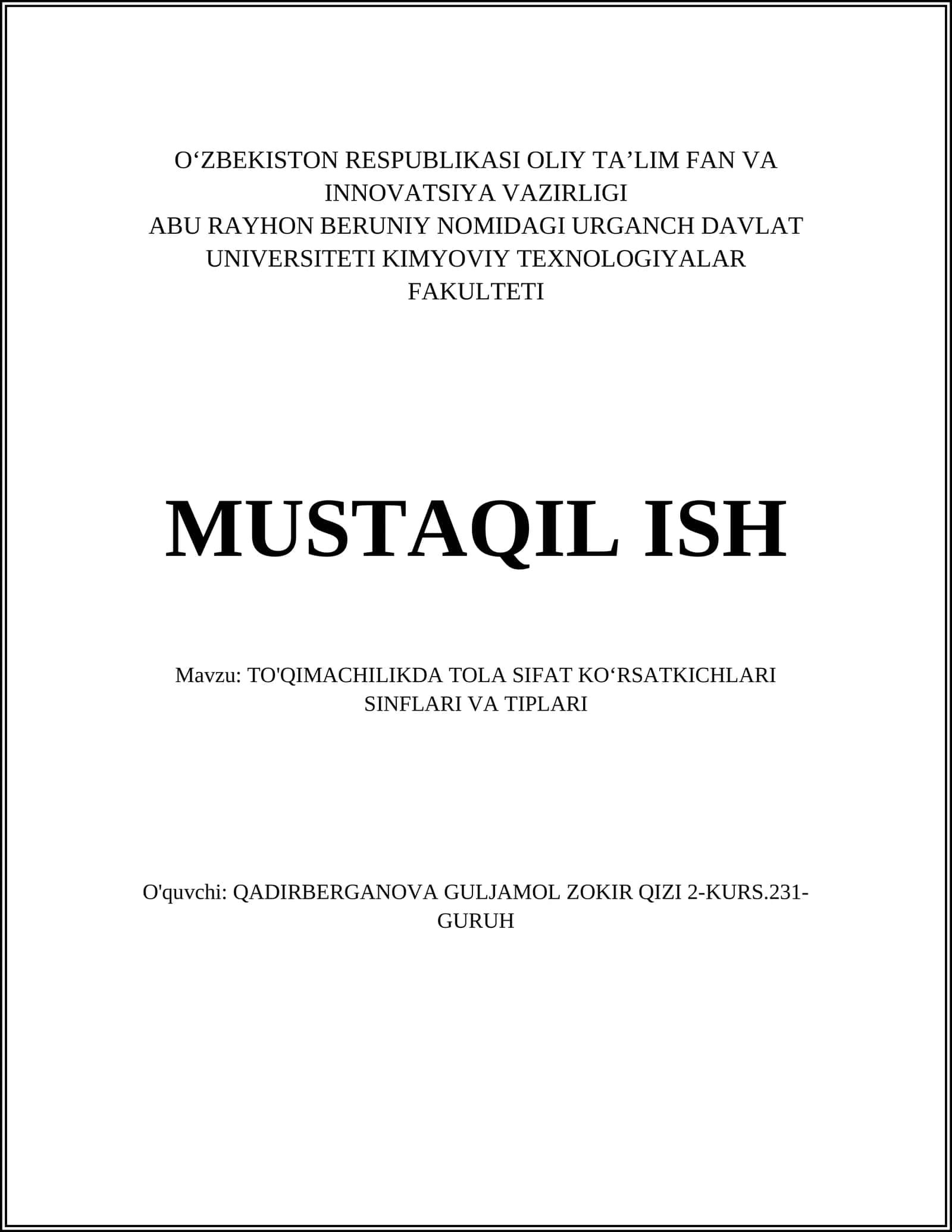 TO'QIMACHILIKDA TOLA SIFAT KOʻRSATKICHLARI SINFLARI VA TIPLARI