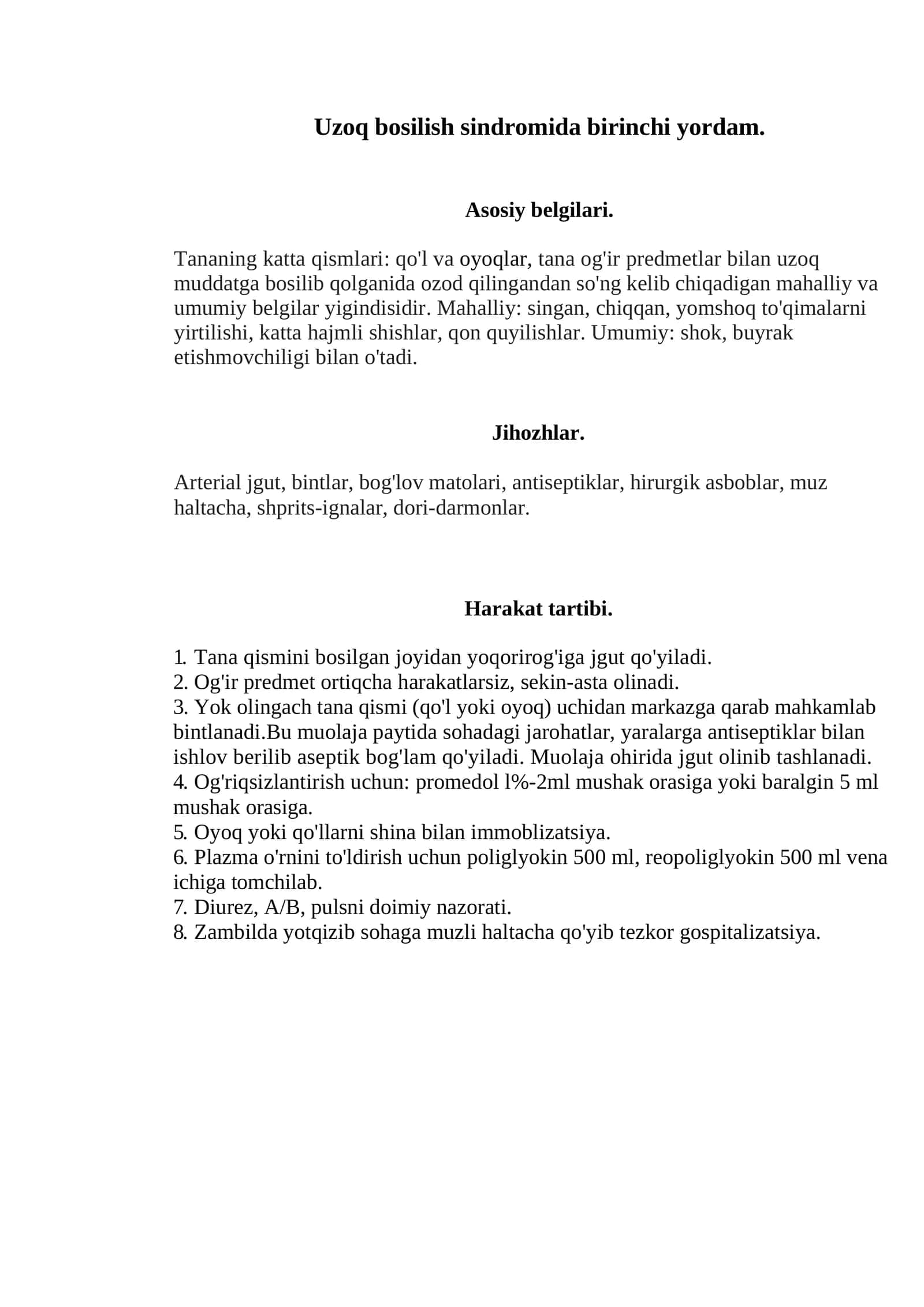 Uzoq bosilish sindromida birinchi yordam