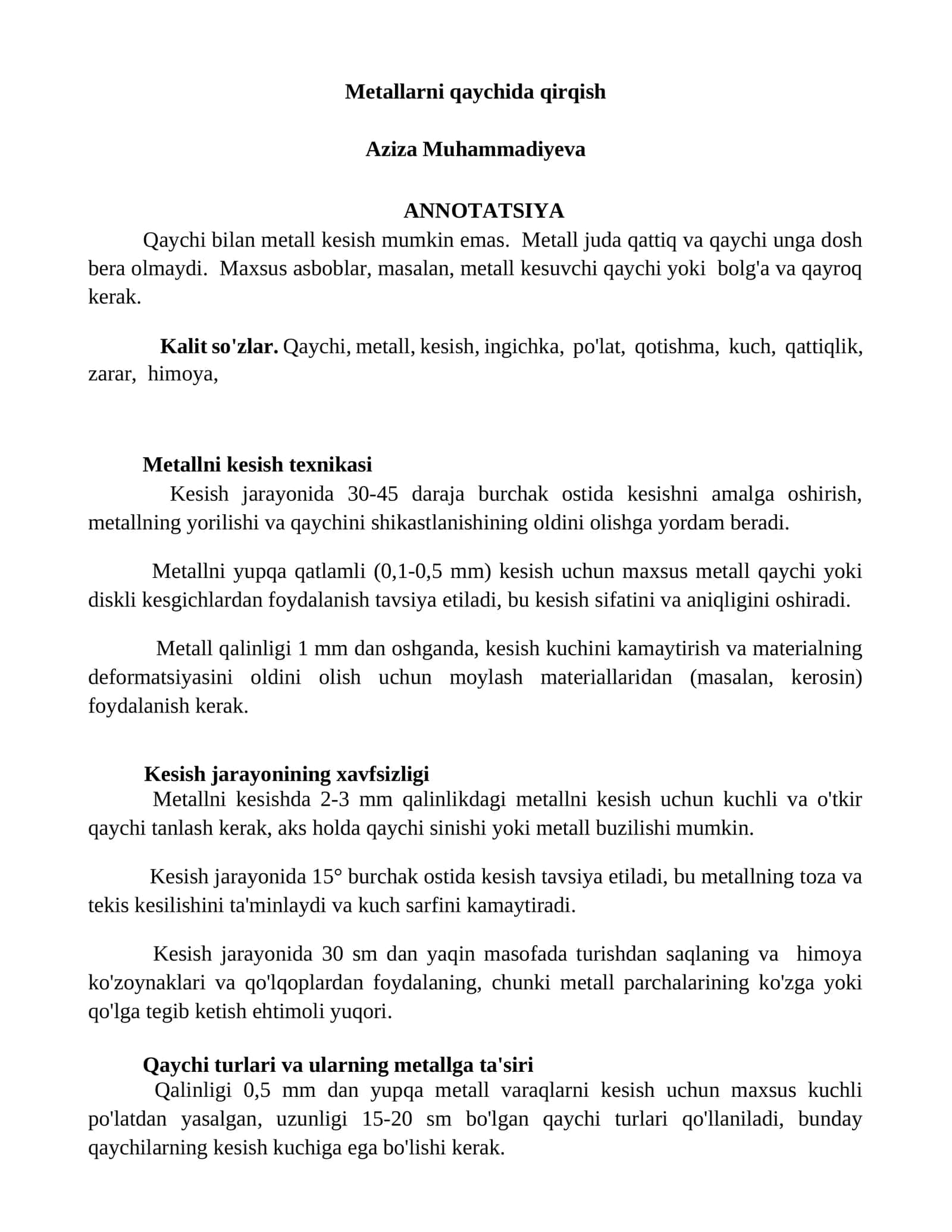 Metallarni qaychida qirqish
