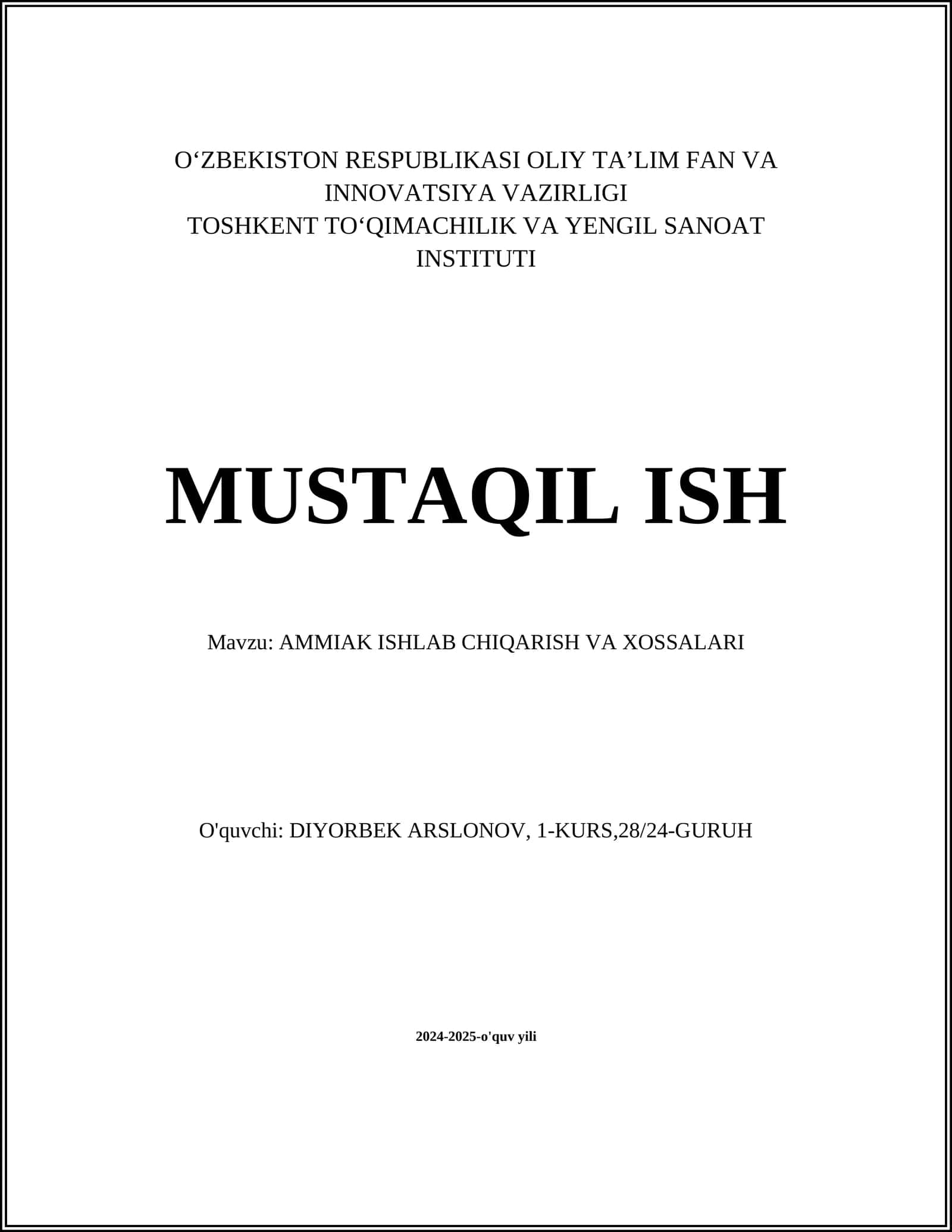 AMMIAK ISHLAB CHIQARISH VA XOSSALARI