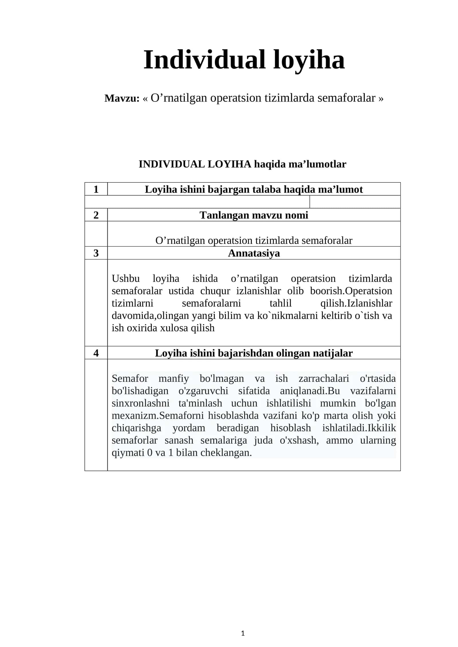 O’rnatilgan operatsion tizimlarda semaforalar