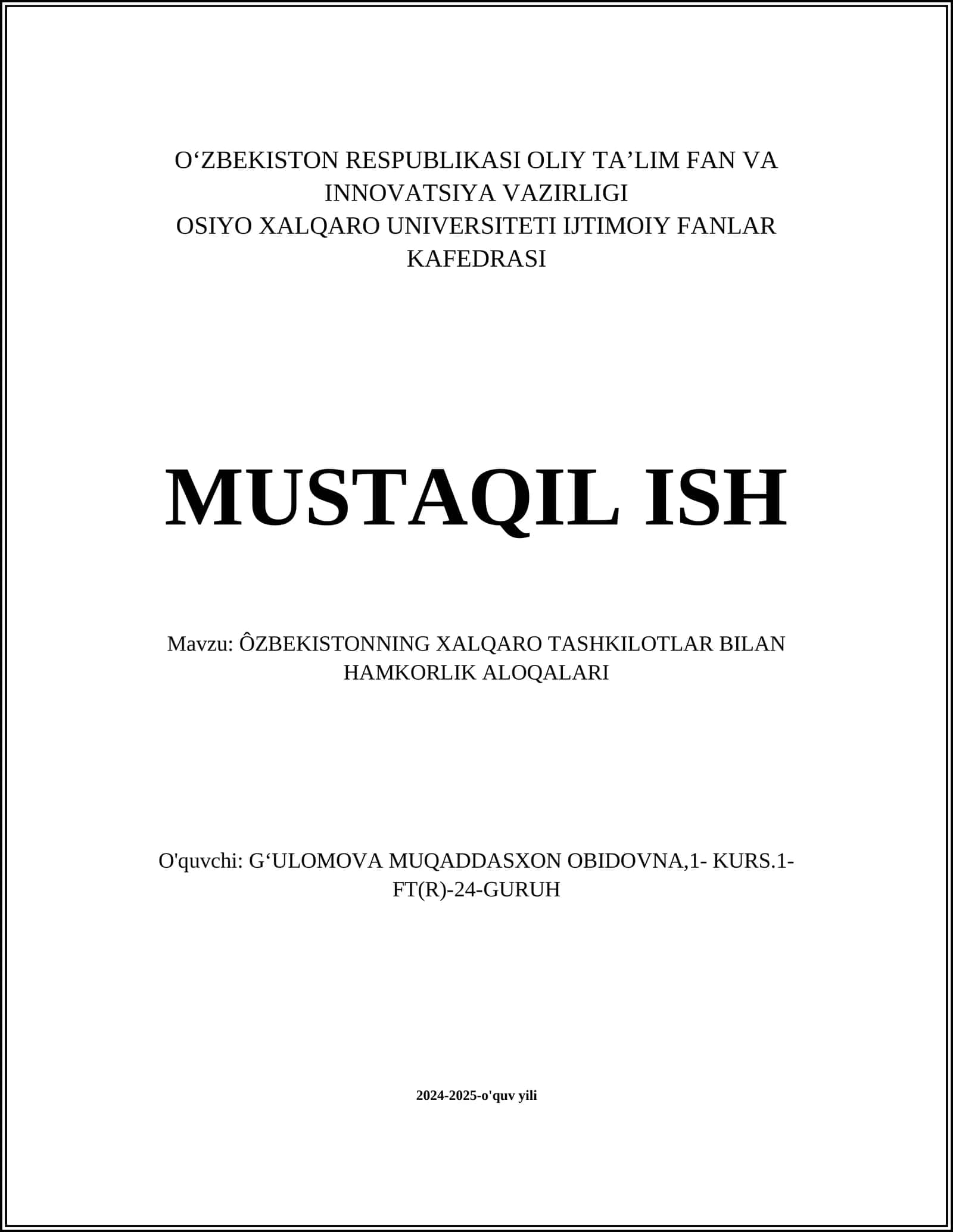 ÔZBEKISTONNING XALQARO TASHKILOTLAR BILAN HAMKORLIK ALOQALARI