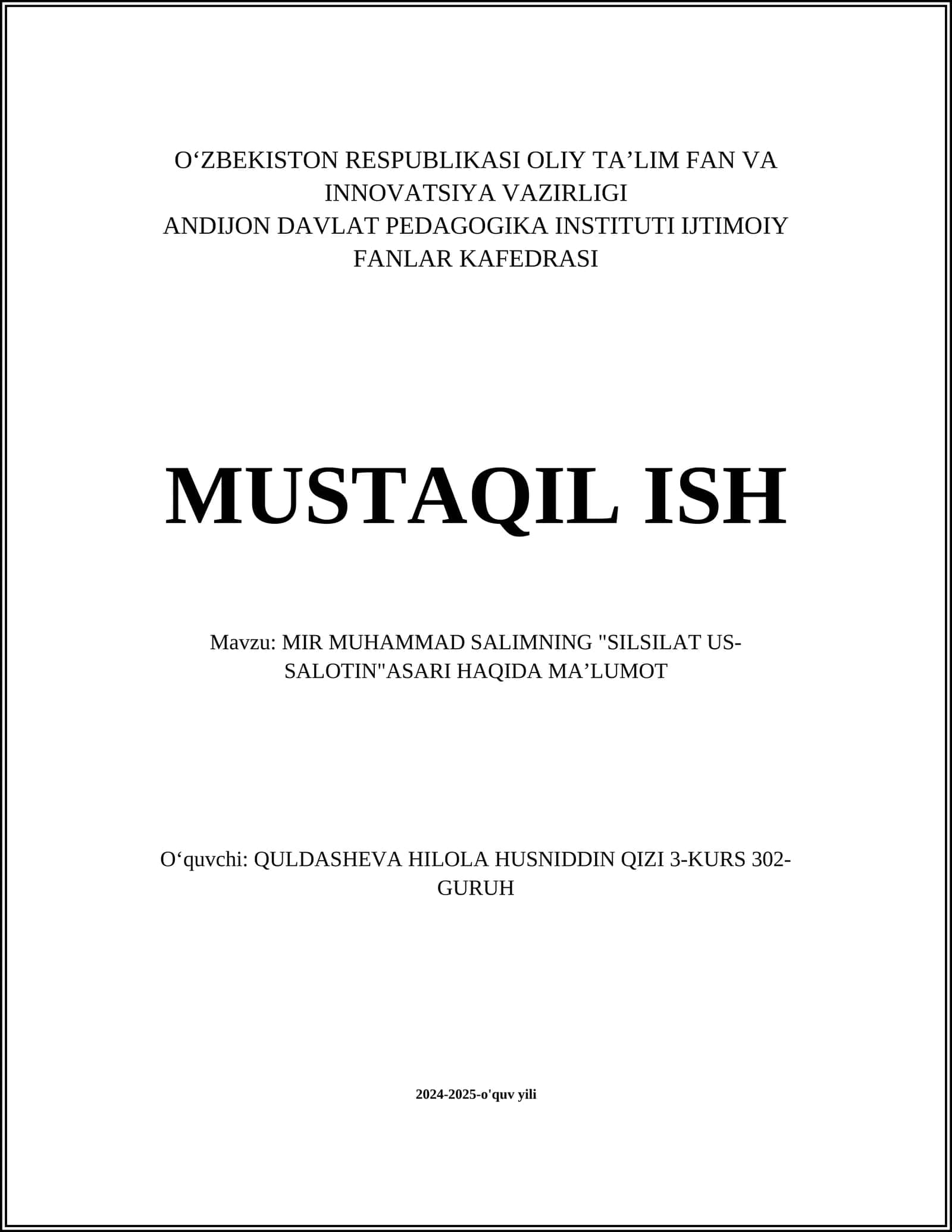 MIR MUHAMMAD SALIMNING "SILSILAT US-SALOTIN" ASARI HAQIDA MAʼLUMOT