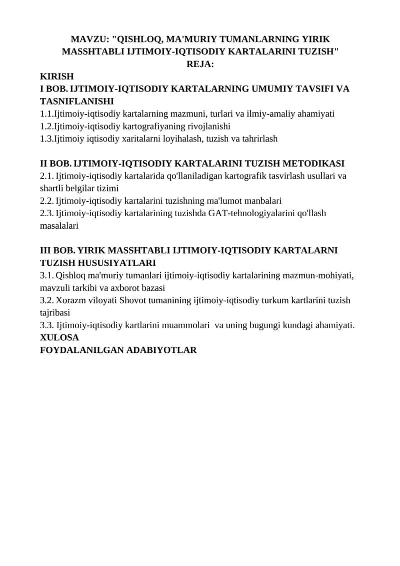 QISHLOQ, MA'MURIY TUMANLARNING YIRIK MASSHTABLI IJTIMOIY-IQTISODIY KARTALARINI TUZISH