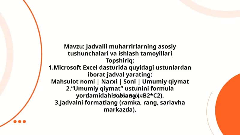 Microsoft Excel dasturida Jadval yaratish