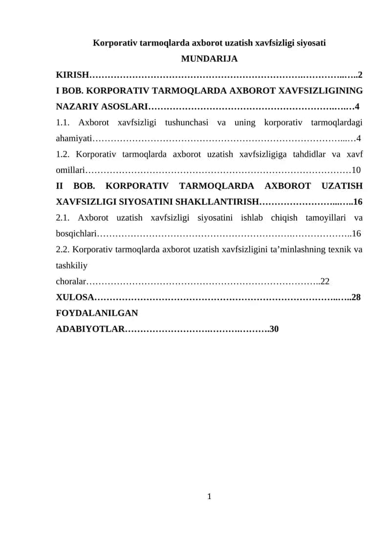 Korporativ tarmoqlarda axborot uzatish xavfsizligi siyosati
