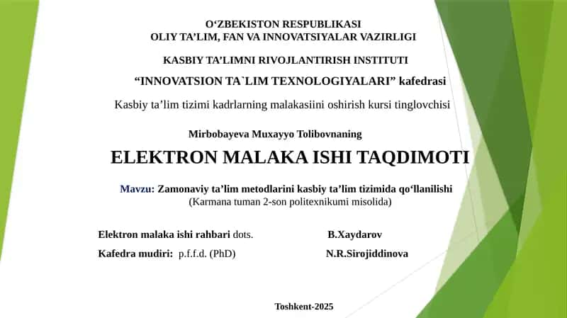 Zamonaviy ta’lim metodlarini kasbiy ta’lim tizimida qo‘llanilishi