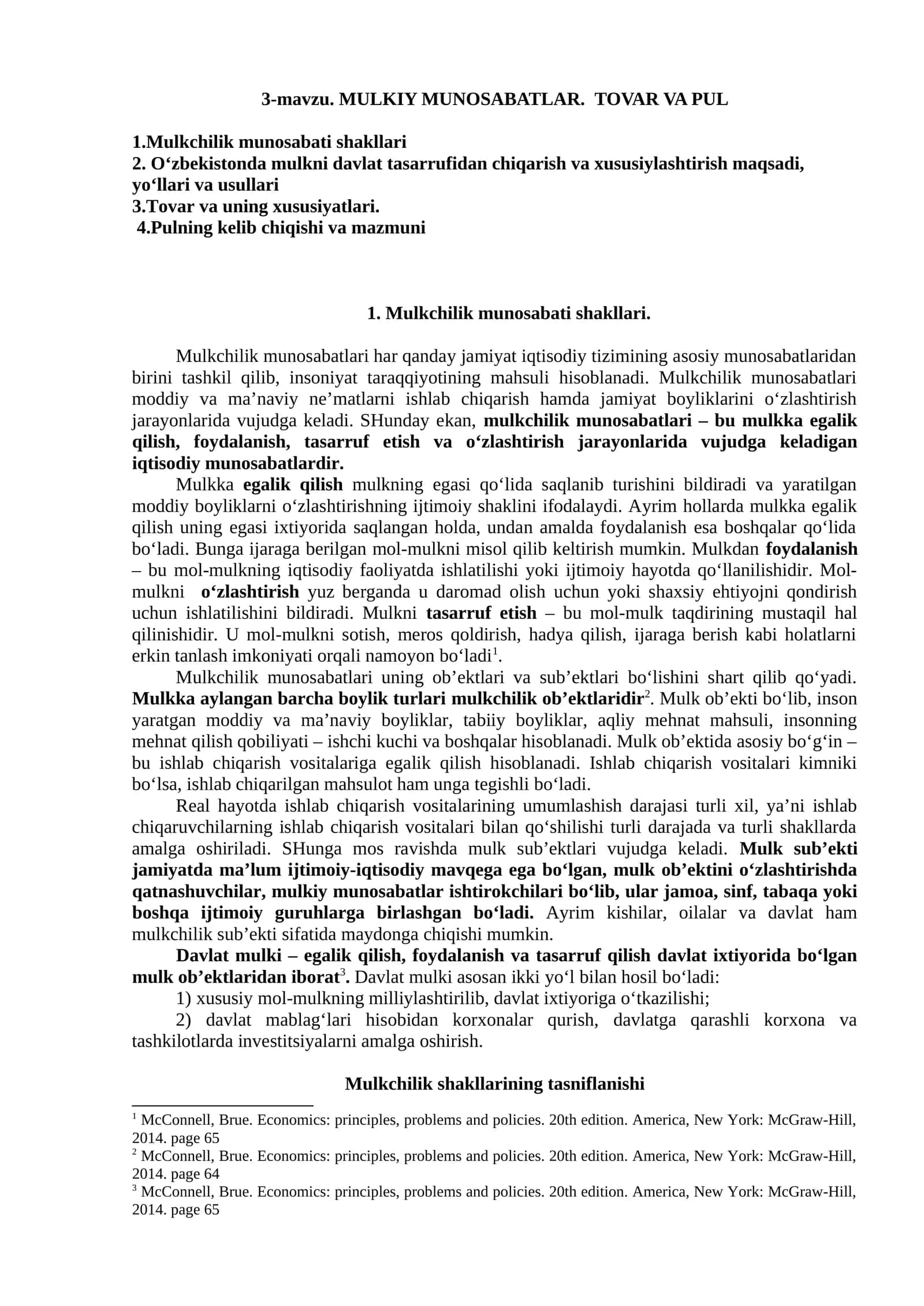 MULKIY MUNOSABATLAR. TOVAR va PUL