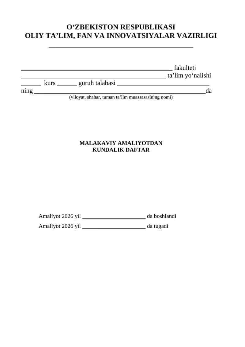 MALAKAVIY AMALIYOTDAN KUNDALIK DAFTAR