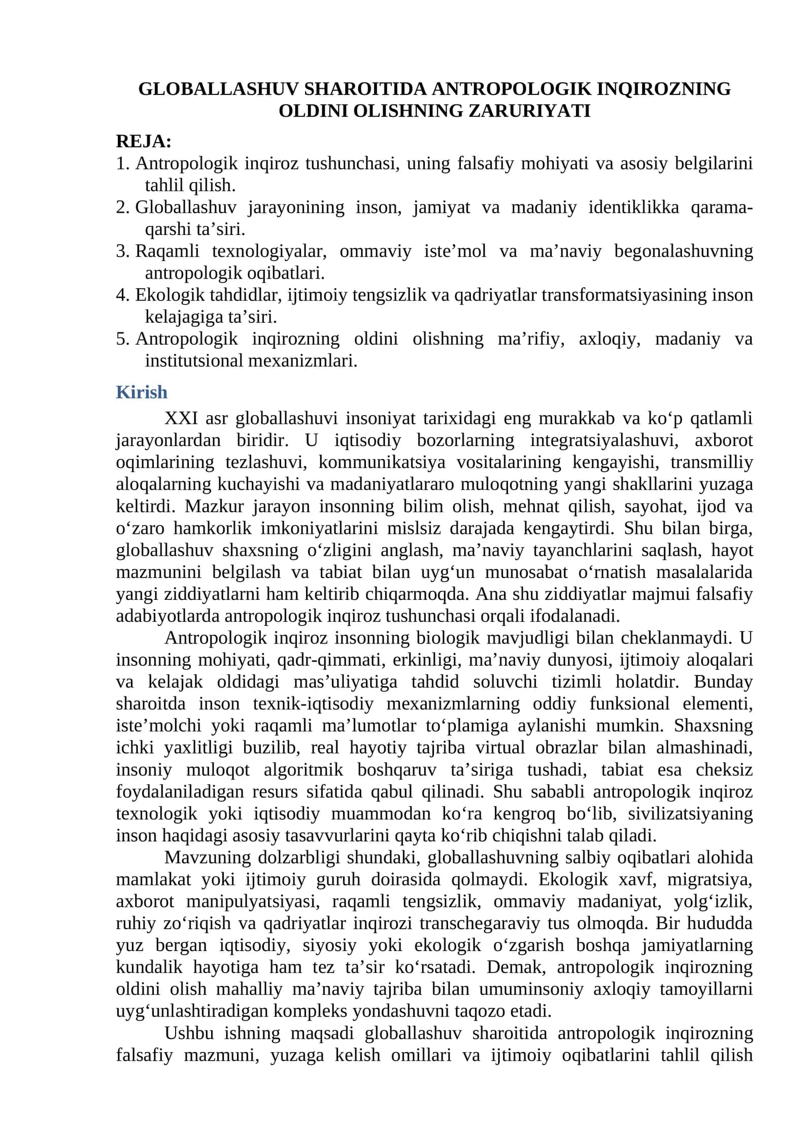 Antropologik inqirozning oldini olishning zaruriyati