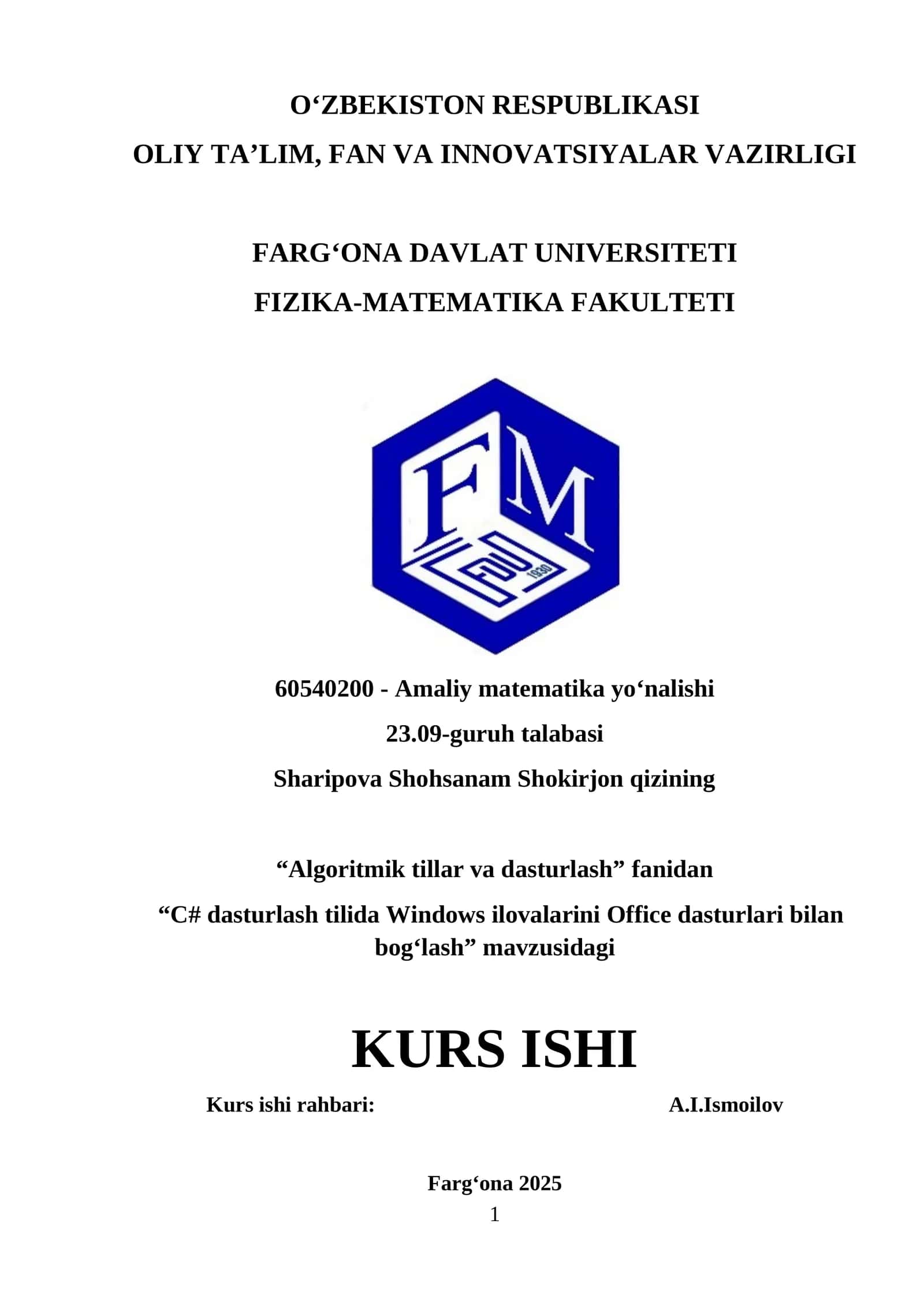 C# dasturlash tilida Windows ilovalarini Office dasturlari bilan bog‘lash