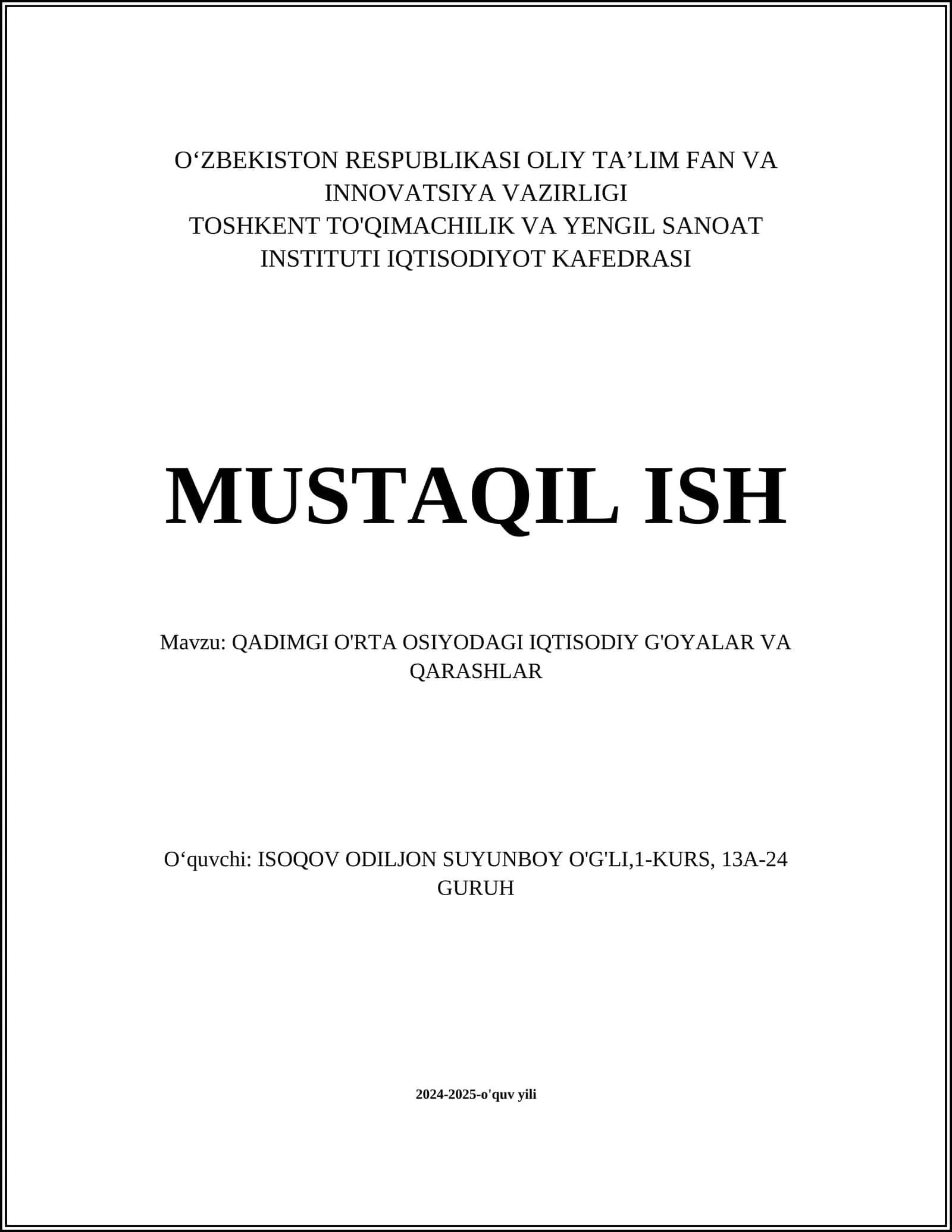 QADIMGI O'RTA OSIYODAGI IQTISODIY G'OYALAR VA QARASHLAR
