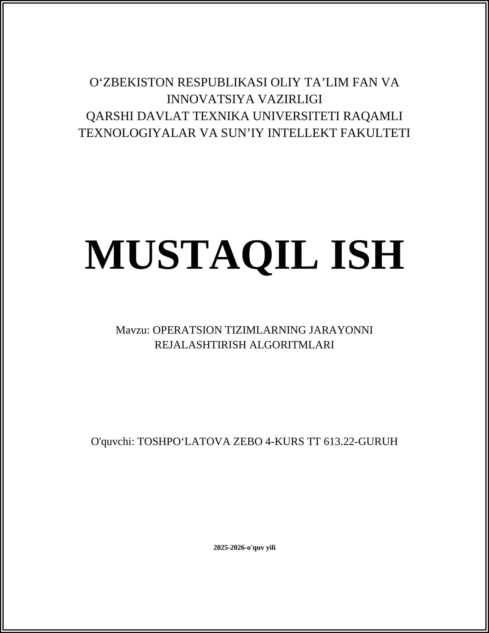 OPERATSION TIZIMLARNING JARAYONNI REJALASHTIRISH ALGORITMLARI