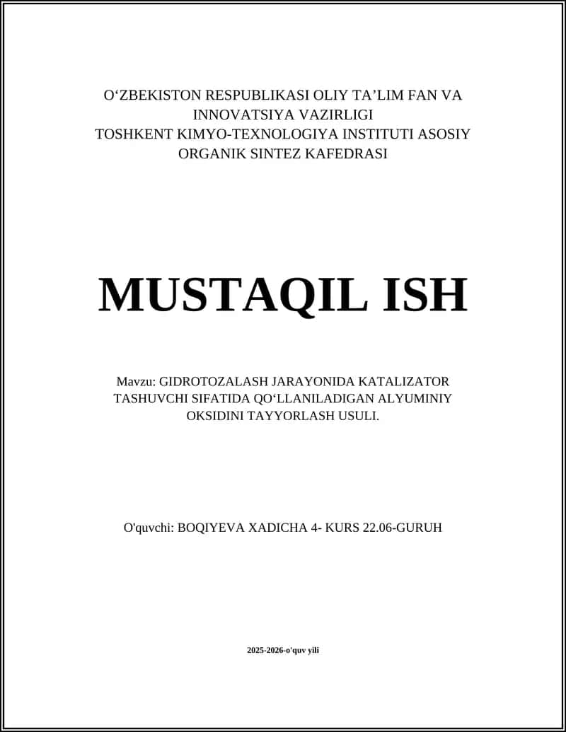 GIDROTOZALASH JARAYONIDA KATALIZATOR TASHUVCHI SIFATIDA QO‘LLANILADIGAN ALYUMINIY OKSIDINI TAYYORLASH USULI