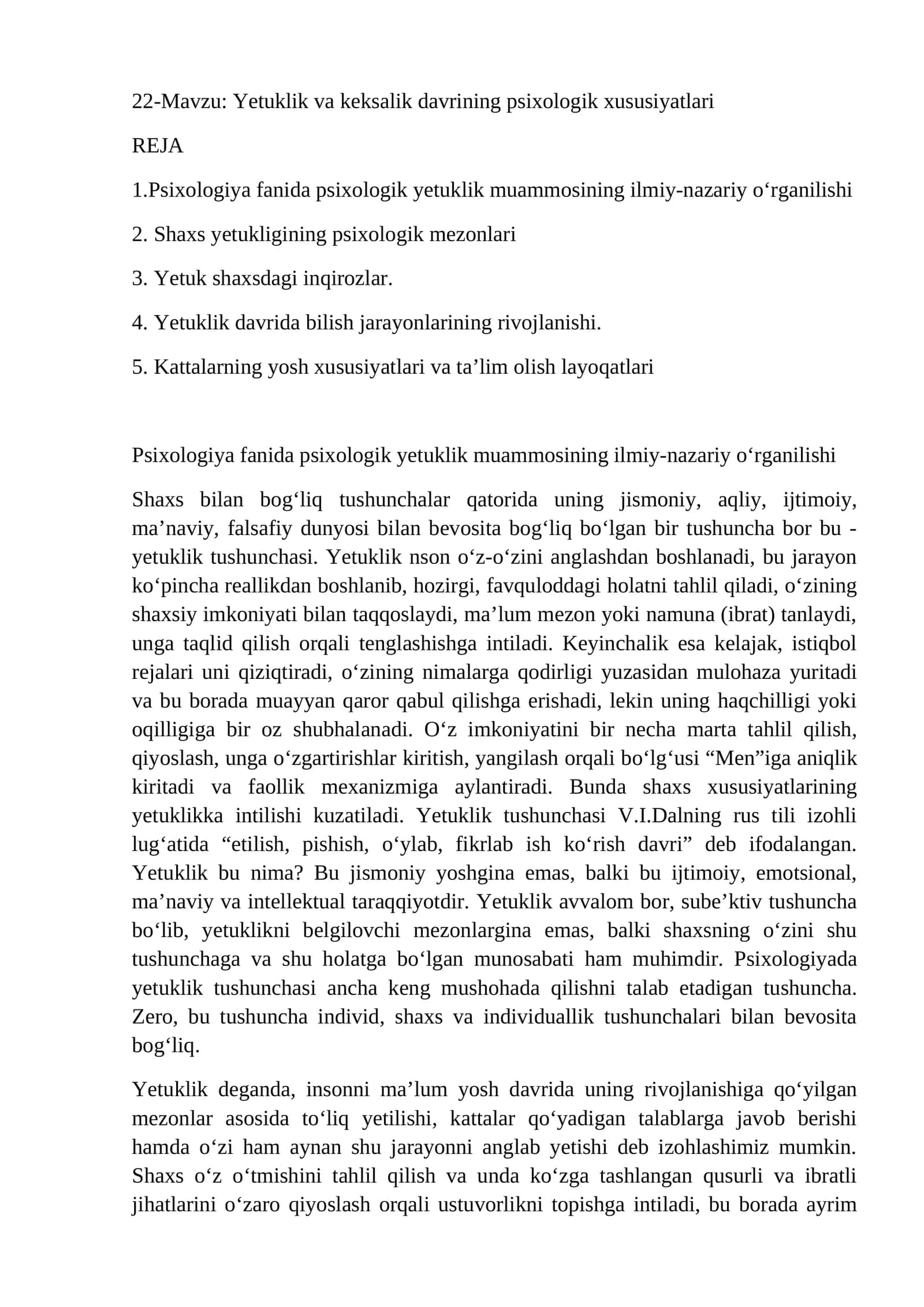 Yetuklik va keksalik davrining psixologik xususiyatlari
