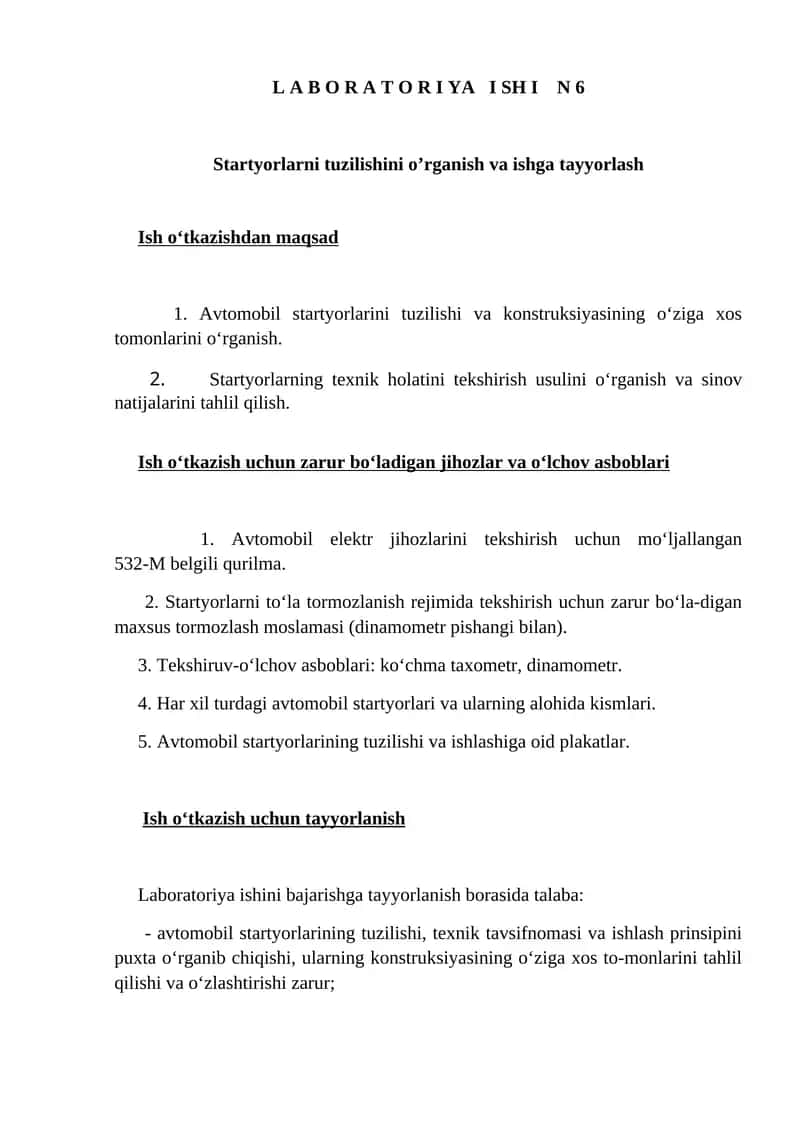 Avtomobil startyorlarini tuzilishi va ishga tayyorlash