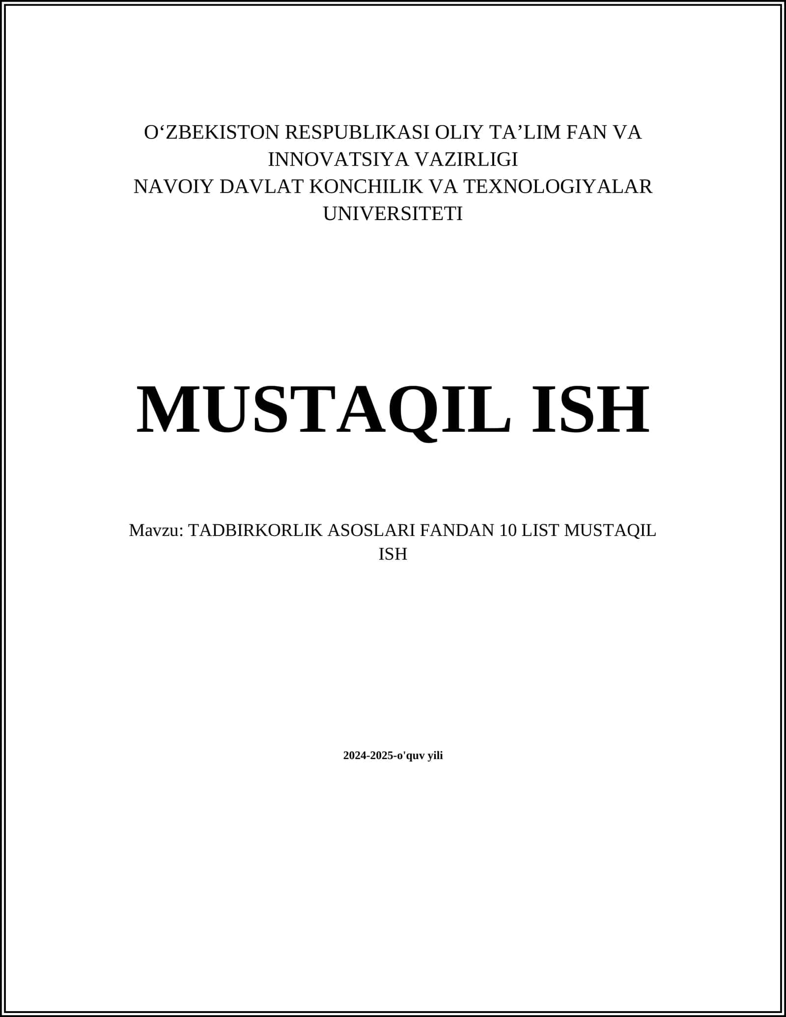 TADBIRKORLIK ASOSLARI FANDAN 10 LIST MUSTAQIL ISH