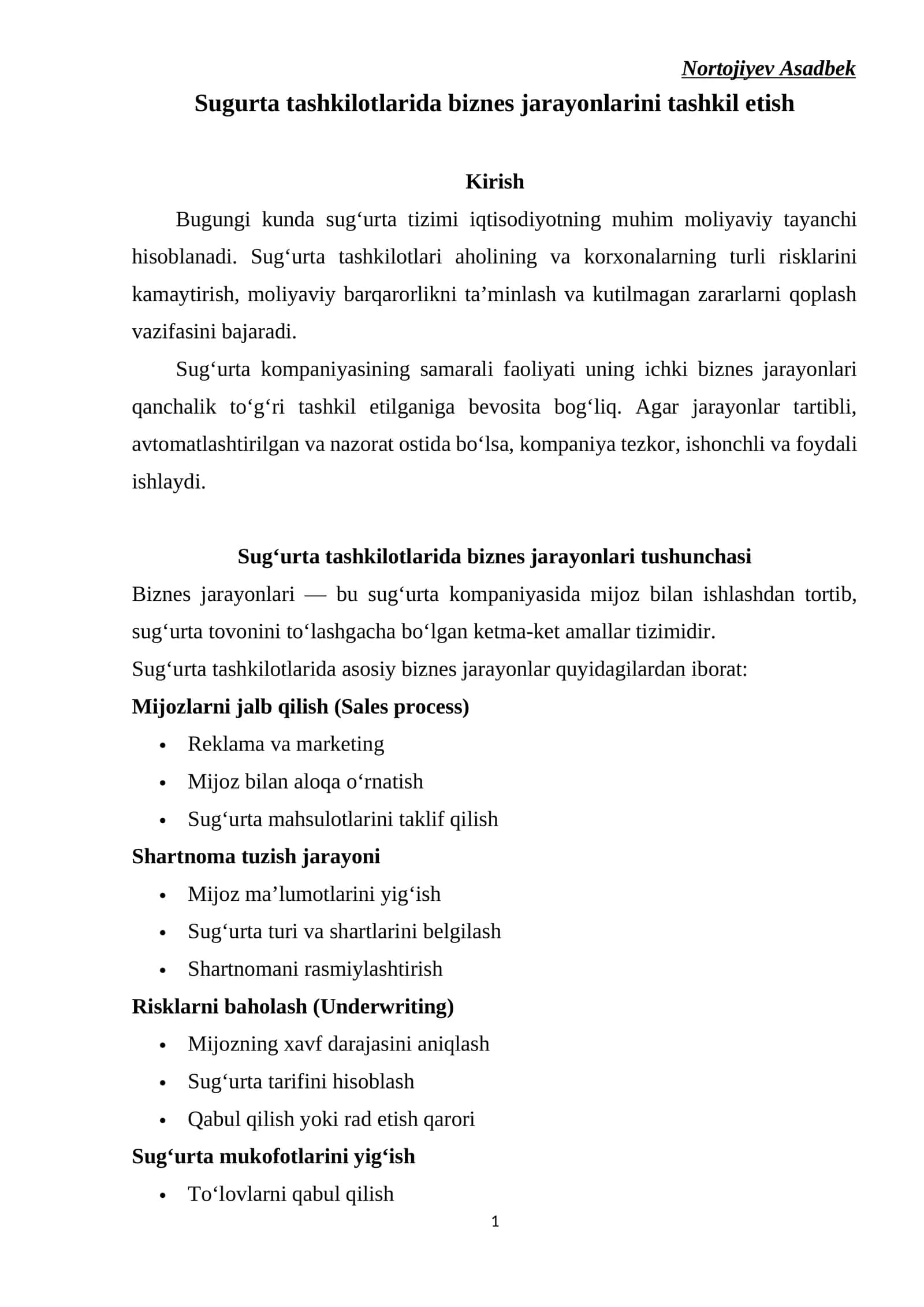 Sugurta tashkilotlarida biznes jarayonlarini tashkil etish