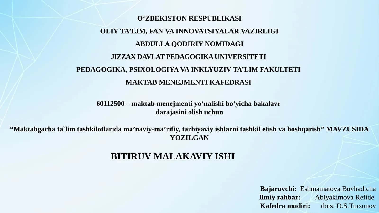 Maktabgacha ta'lim tashkil etish va boshqarish