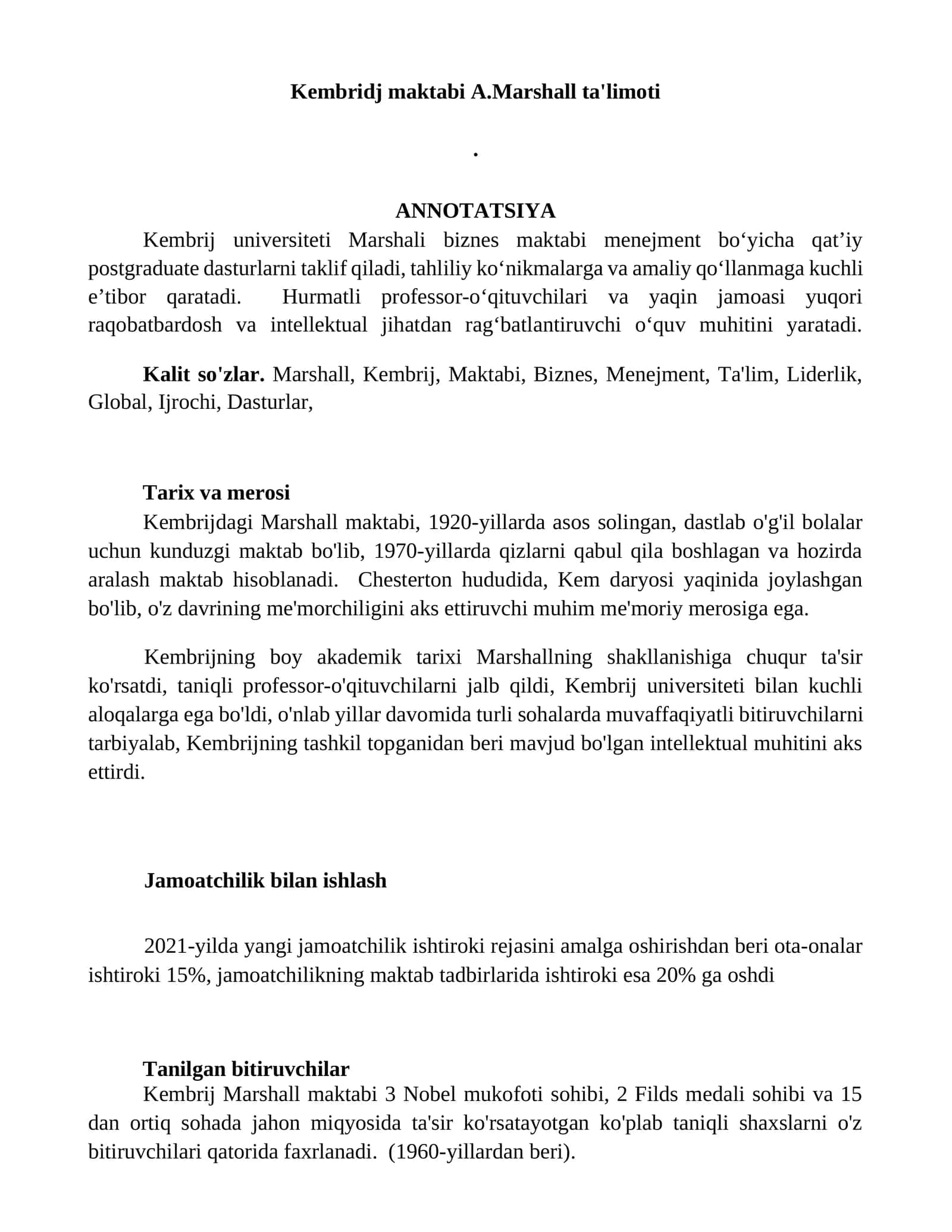 Kembridj maktabi A.Marshall ta'limoti