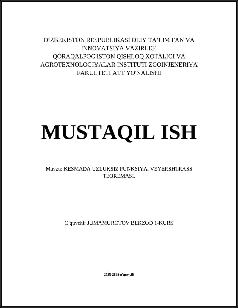 KESMADA UZLUKSIZ FUNKSIYA. VEYERSHTRASS TEOREMASI