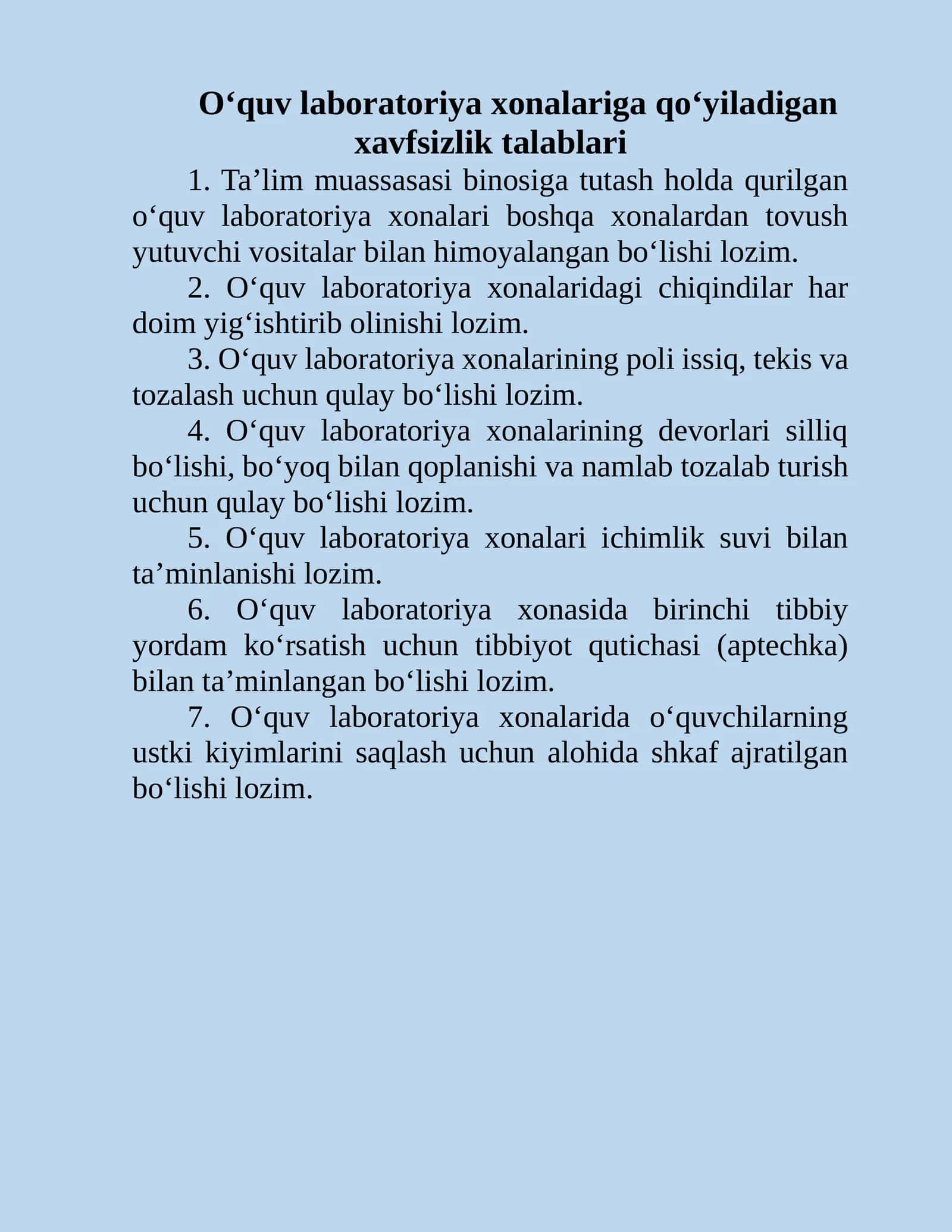 Texnika xavfsizligi qoidalari. BIOLOGIYA, KIMYO, FIZIKA laboratoriyalari uchun