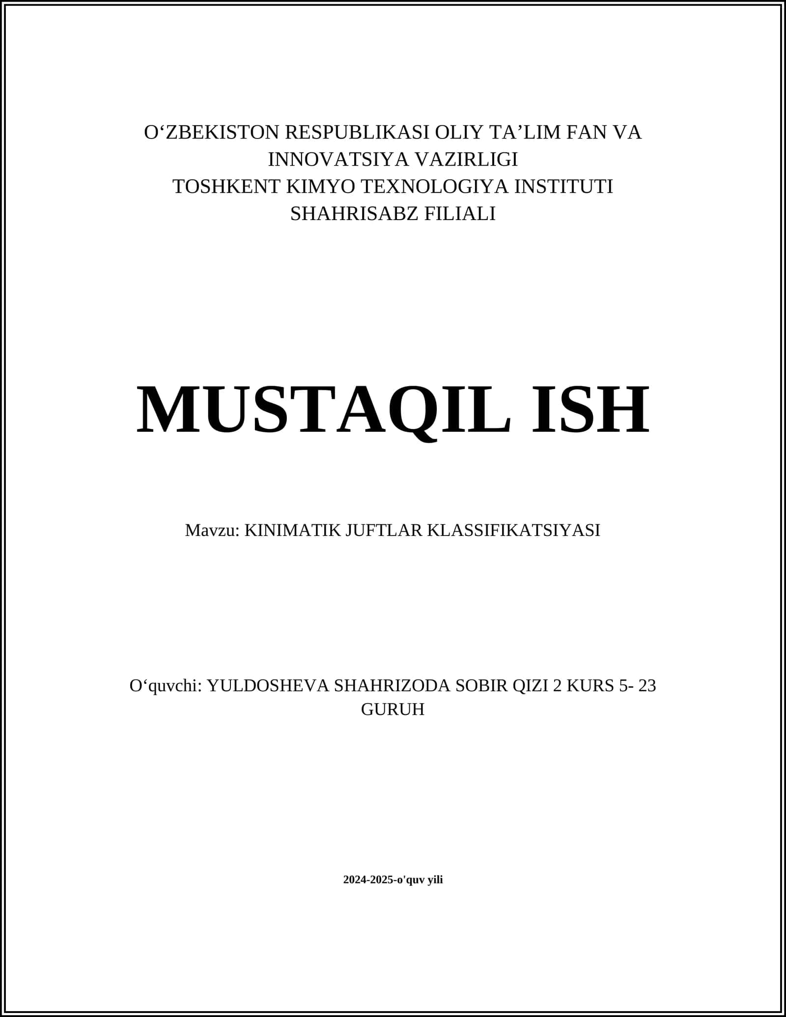 KINIMATIK JUFTLAR KLASSIFIKATSIYASI