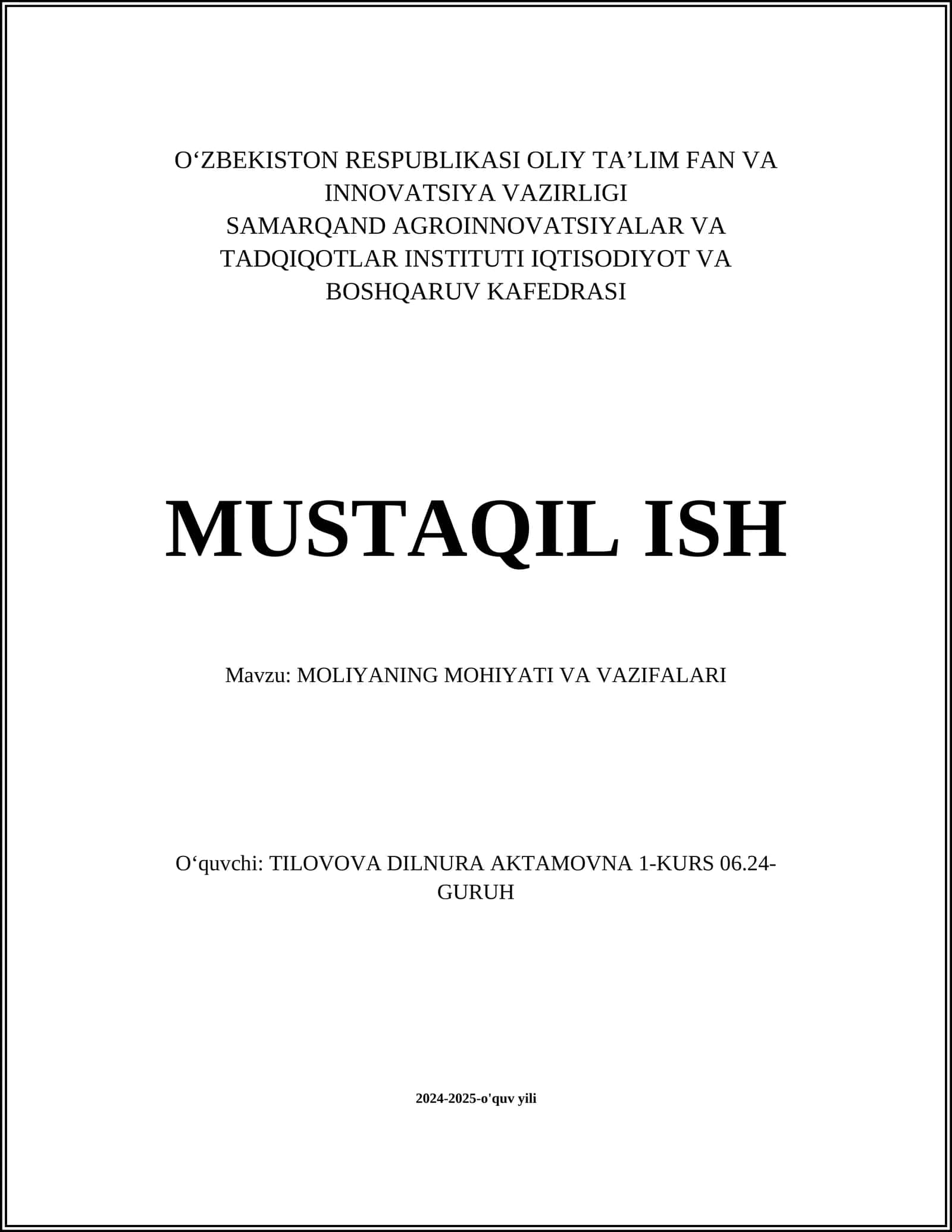Moliyaning mohiyati va vazifalari