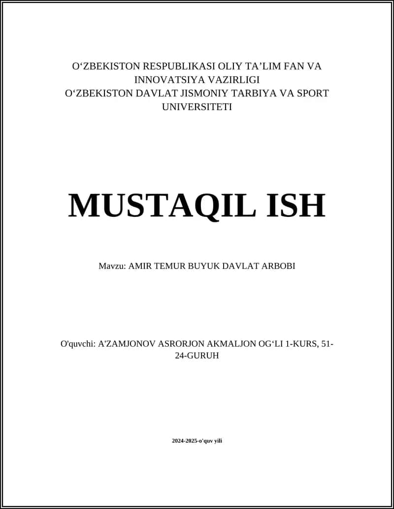 AMIR TEMUR BUYUK DAVLAT ARBOBI