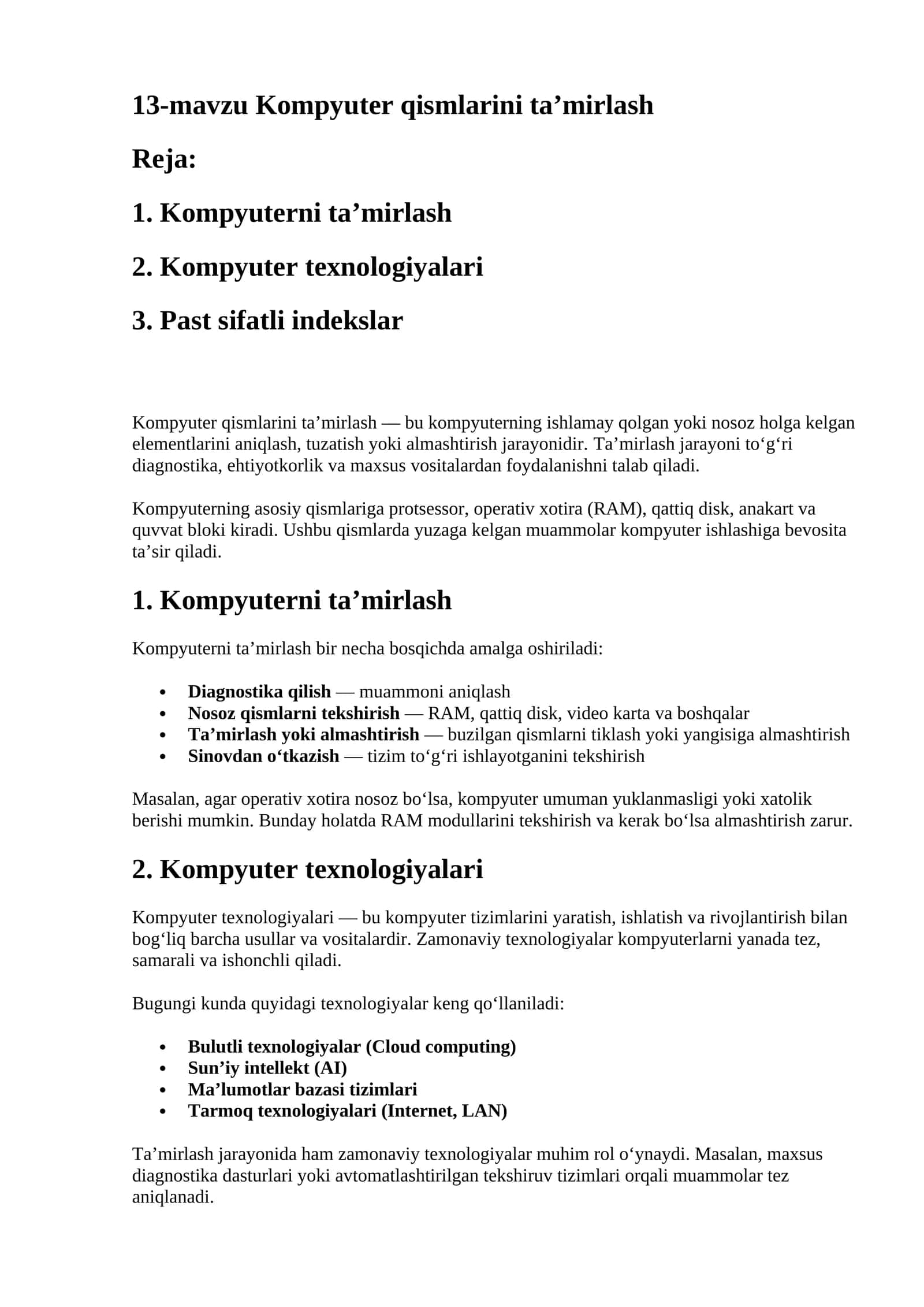 Kompyuter qismlarini ta’mirlash