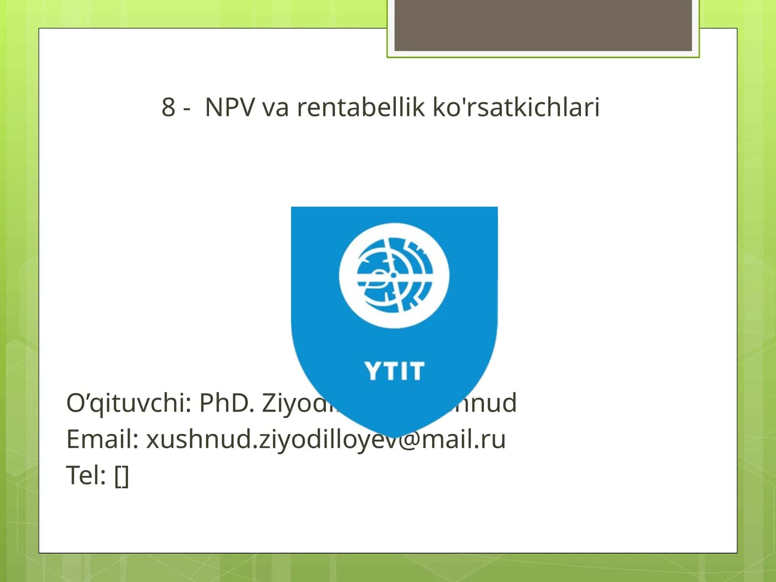 NPV va rentabellik ko'rsatkichlari