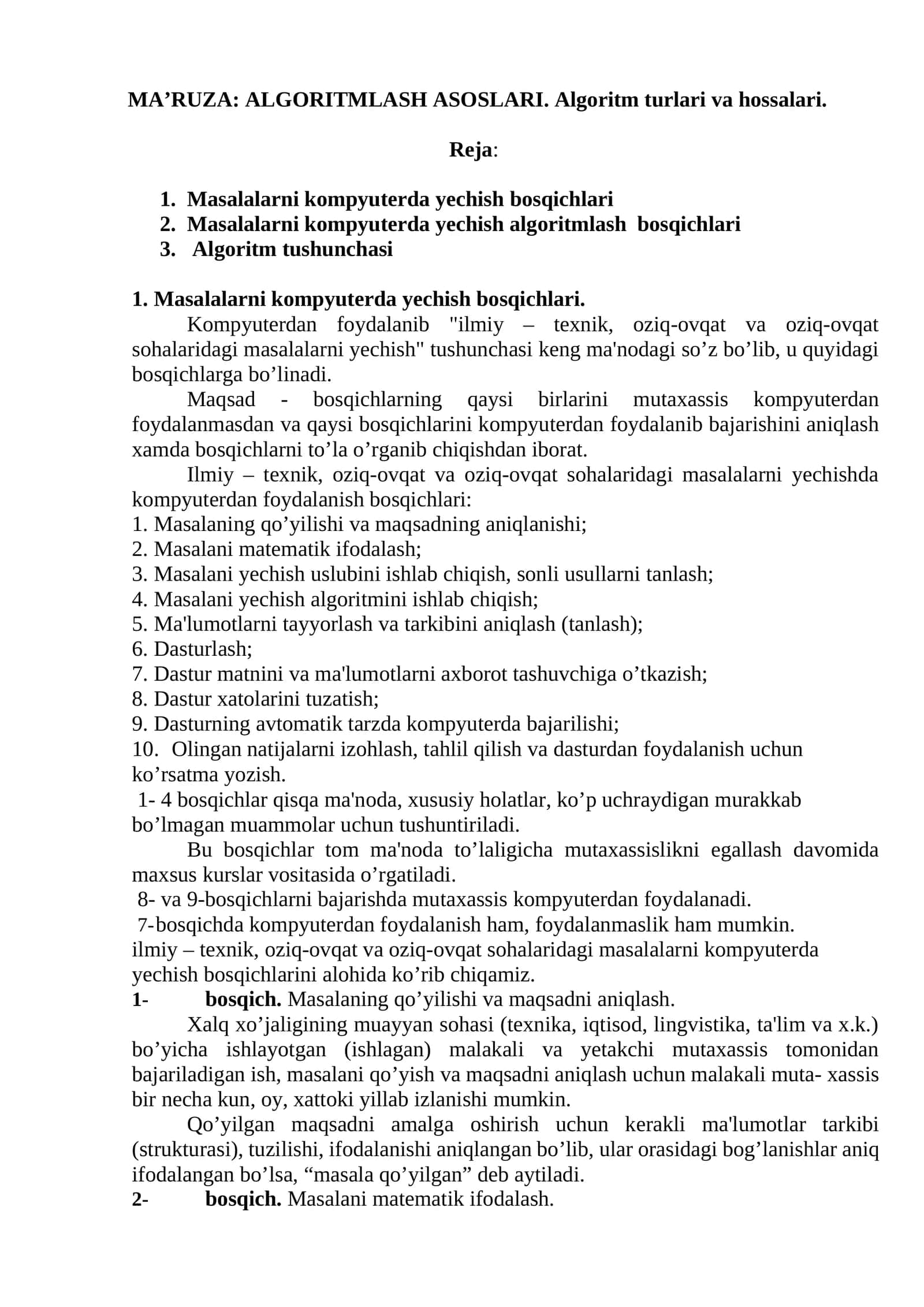 ALGORITMLASH ASOSLARI