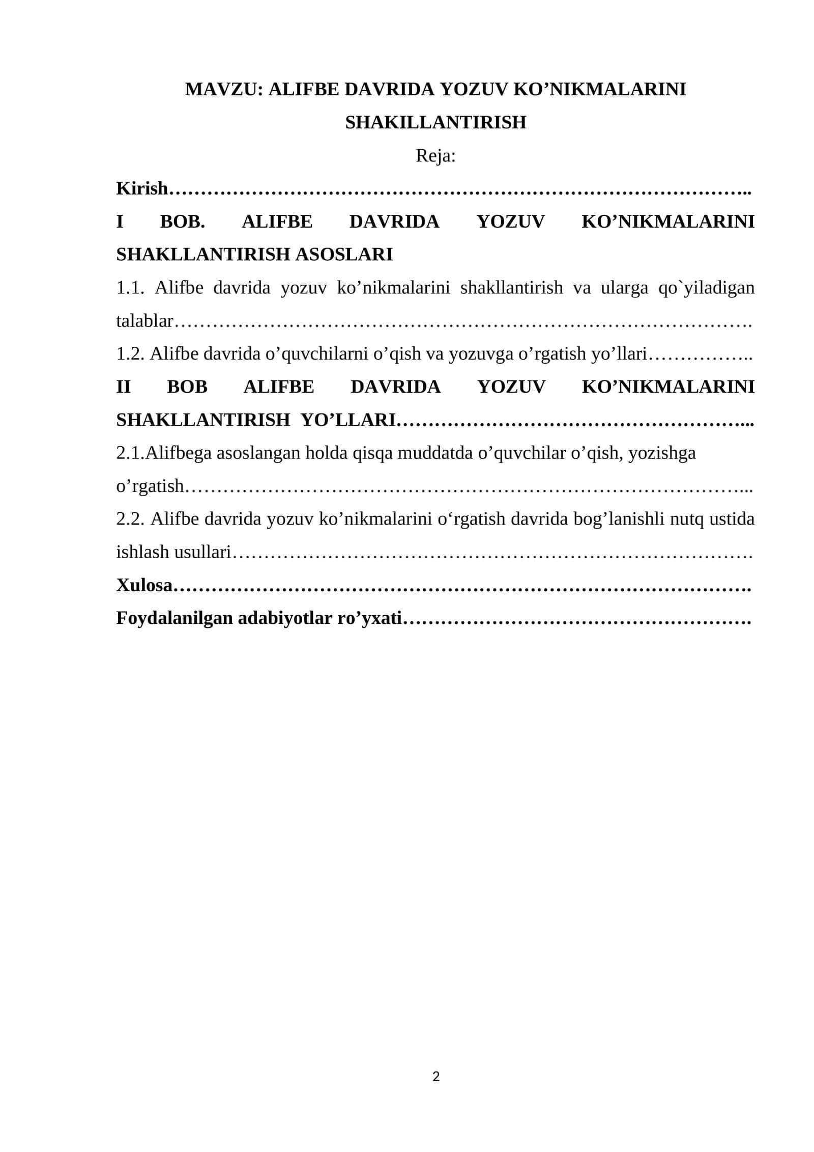 ALIFBE DAVRIDA YOZUV KONIKMALARINI SHAKILLANTIRISH KURS ISHI