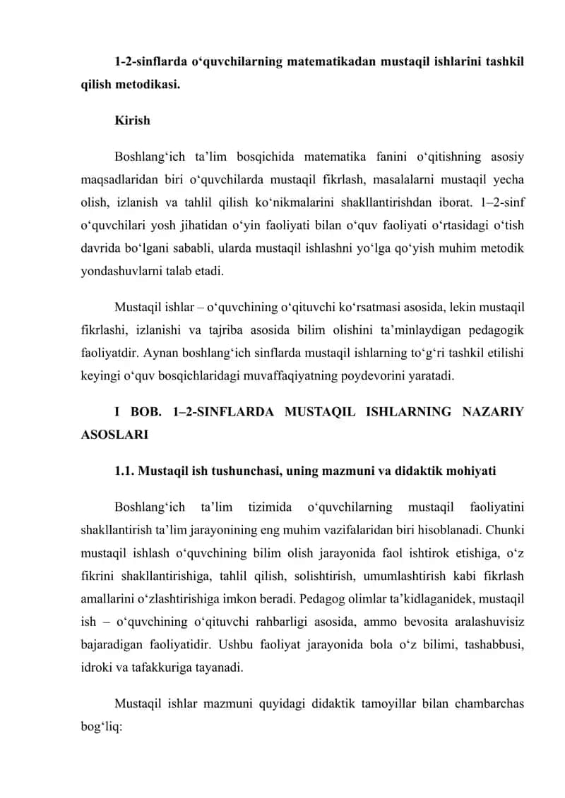 1-2-sinf oʻquvchilarining matematikadaj mustaqil ishlarini tashkil qilish metodikasi