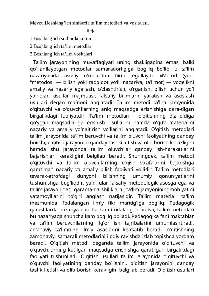 Boshlang’ich sinflarda ta’lim metodlari va vositalari