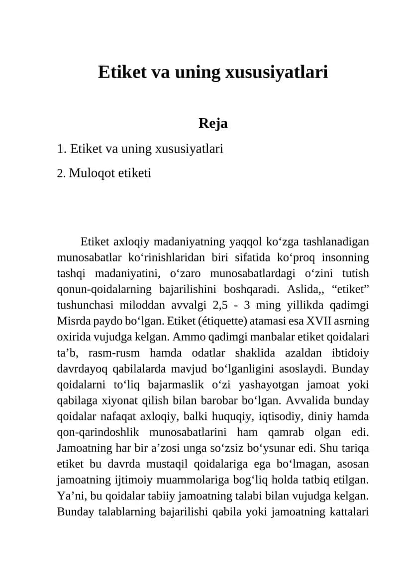 Etiket va uning xususiyatlari