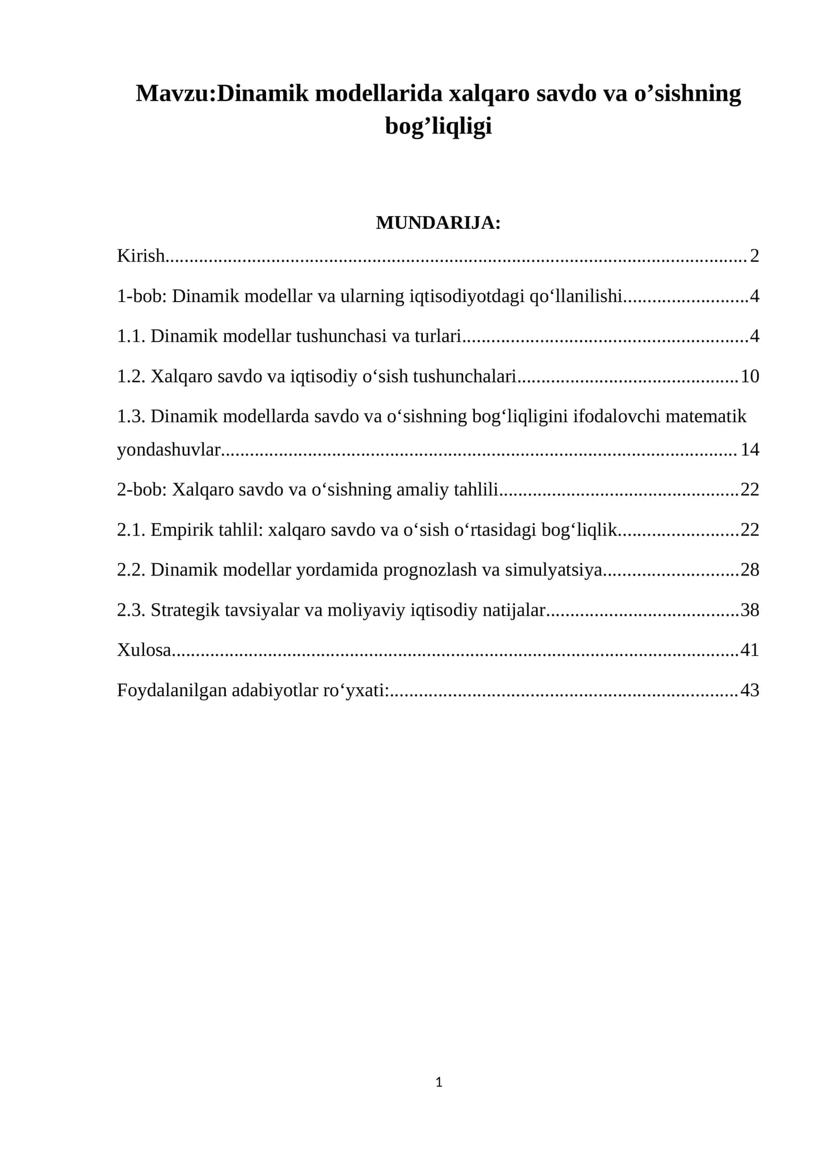 Dinamik modellarida xalqaro savdo va o’sishning bog’liqligi