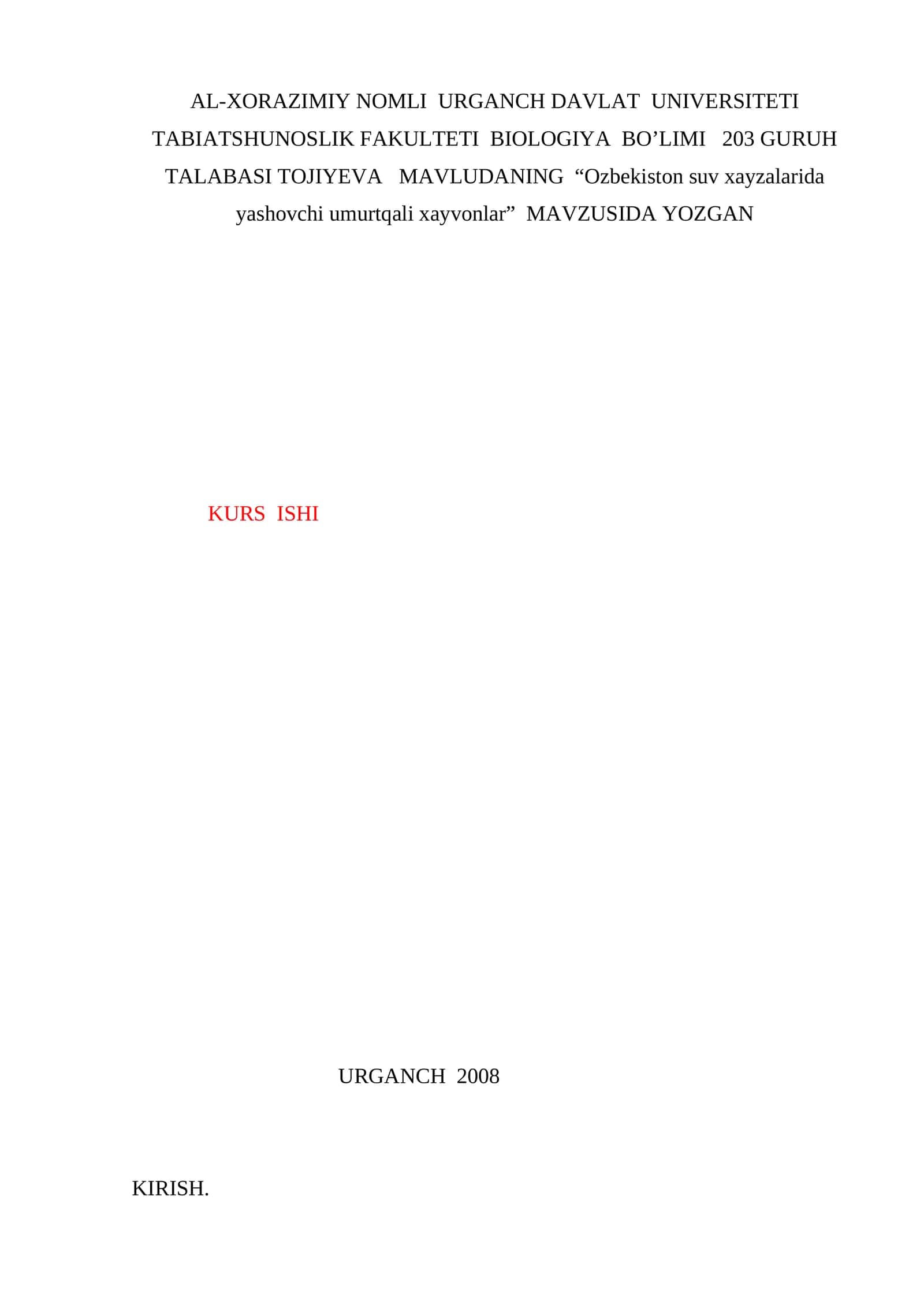 O'zbekiston suv xayzalarida yashovchi umurtqali xayvonlar