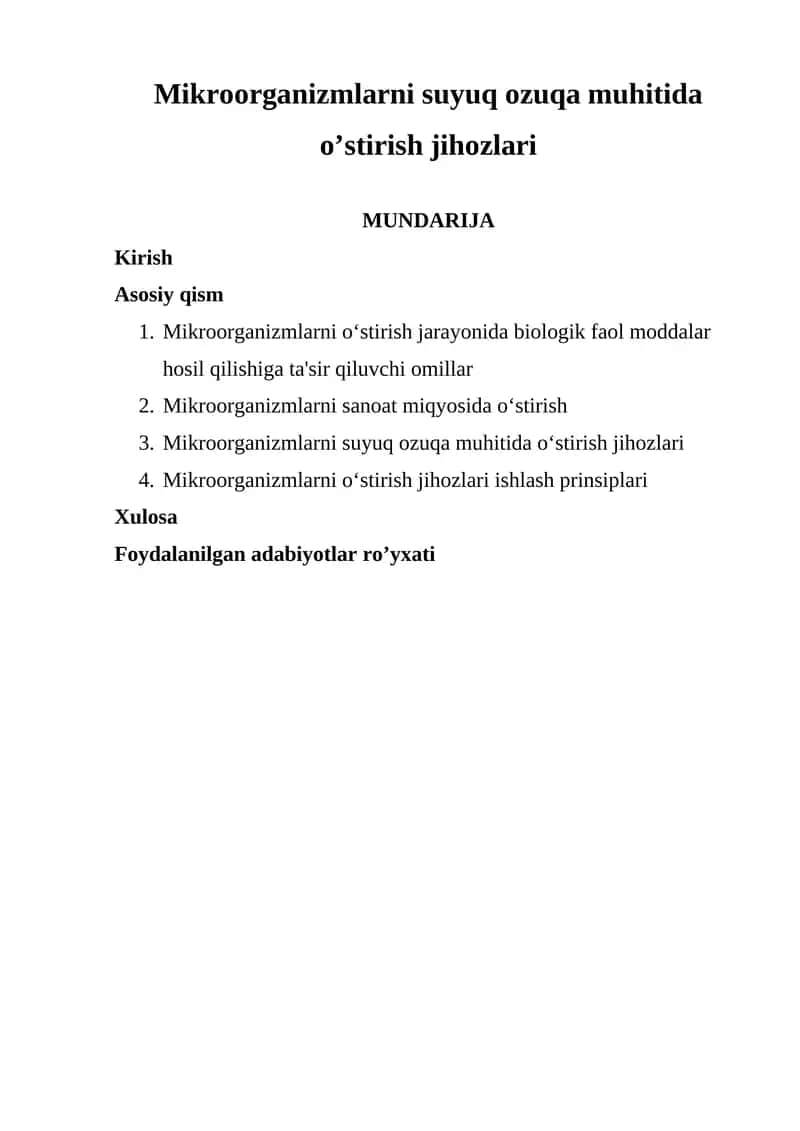 Mikroorganizmlarni suyuq ozuqa muhitida o’stirish jihozlari KURS ISHI