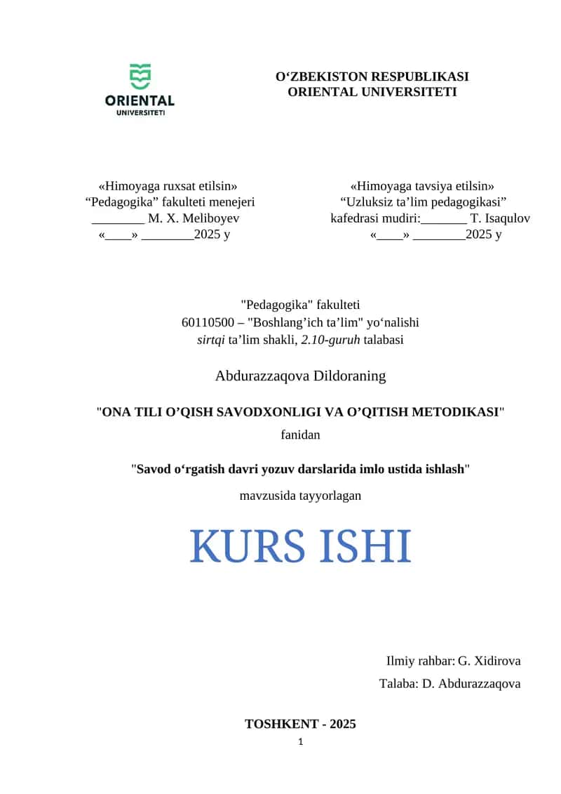 "Savod o‘rgatish davri yozuv darslarida imlo ustida ishlash"