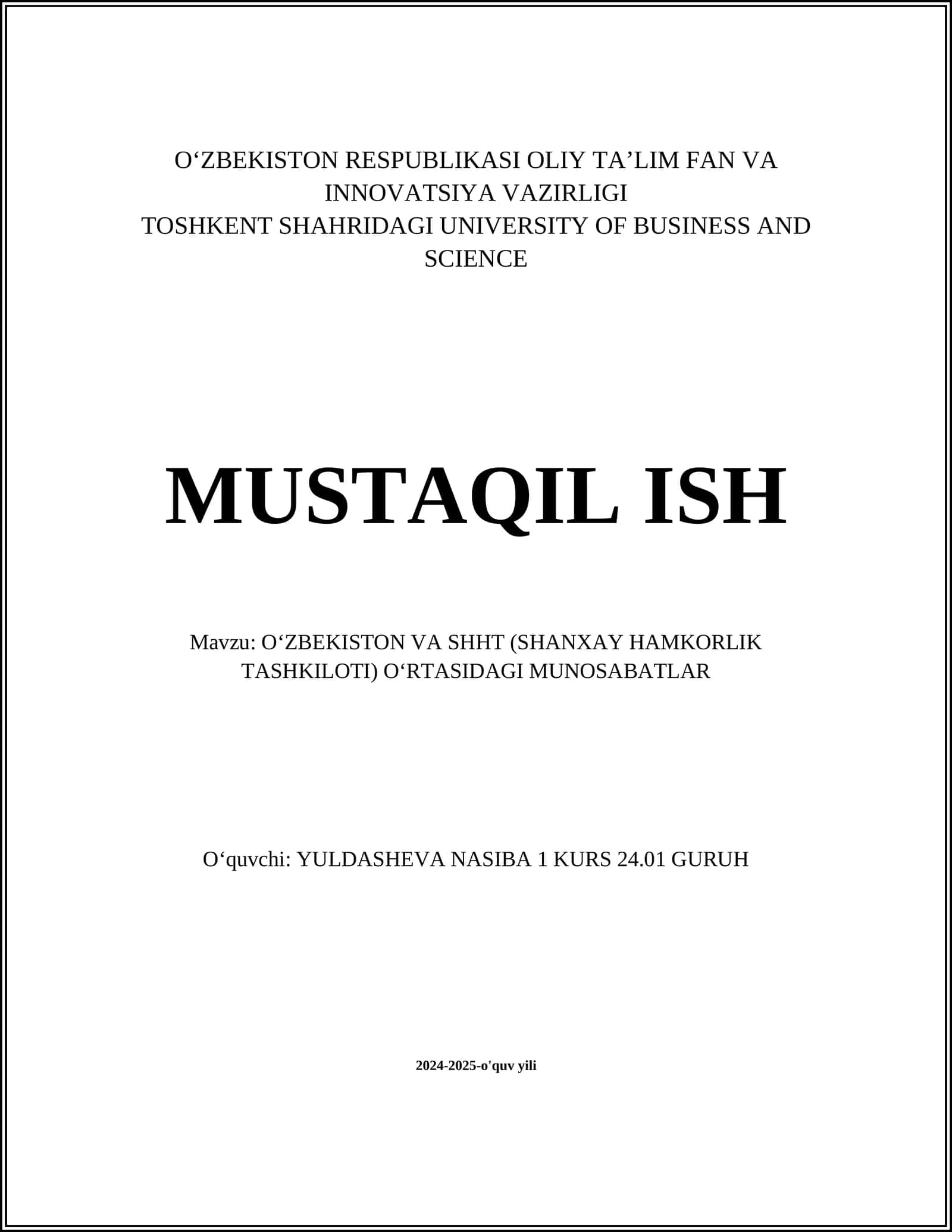 OʻZBEKISTON VA SHHT (SHANXAY HAMKORLIK TASHKILOTI) OʻRTASIDAGI MUNOSABATLAR